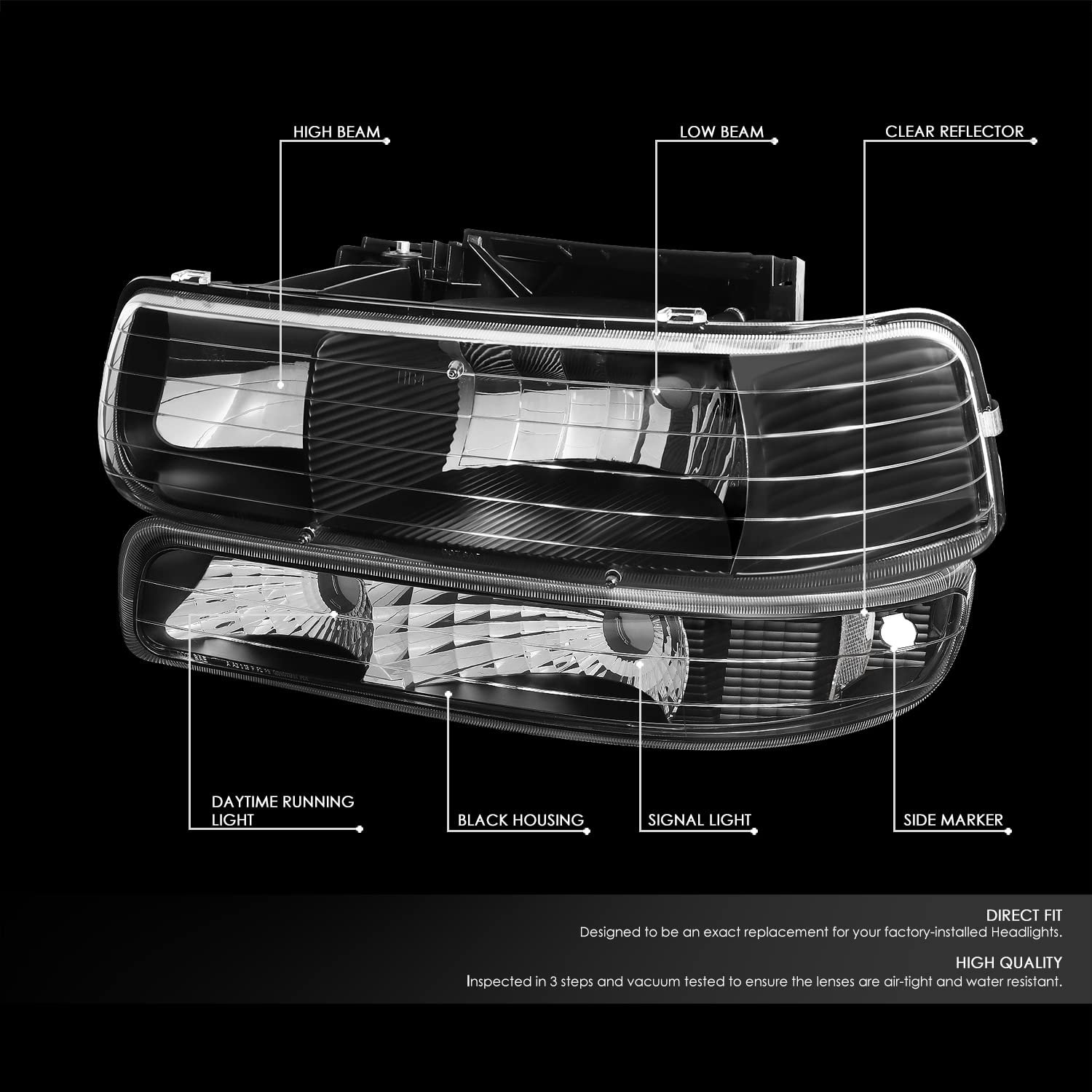 Dna Motoring Hl-Oh-Cs99-4P-Bk-Cl1 Black Housing Headlights Compatible With 99-02 Silverado 00-06 Suburban/Tahoe Bottom Bumper Li