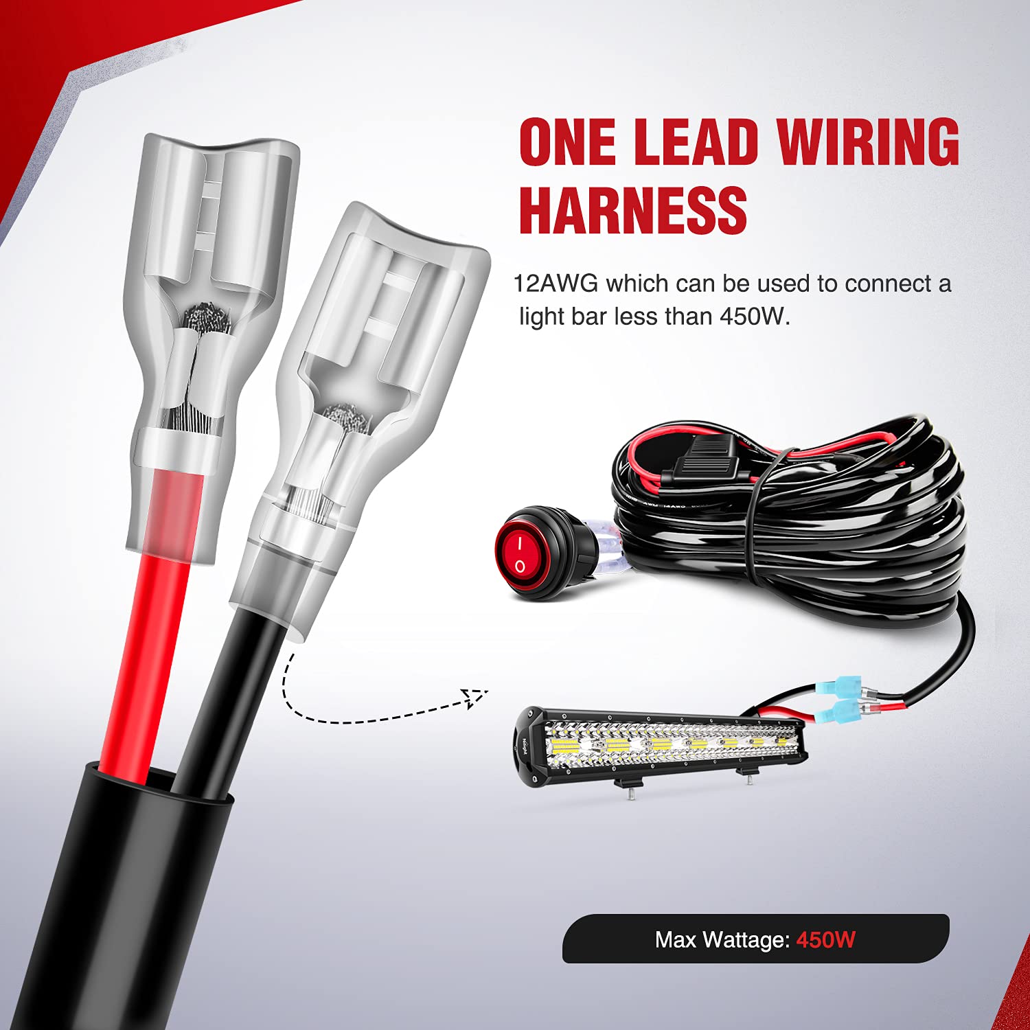 Nilight Copper LED Light Bar Wiring Harness Kit - 1 Lead 12AWG Heavy Duty 12V On Off Switch Power Relay Blade Fuse for Off Road