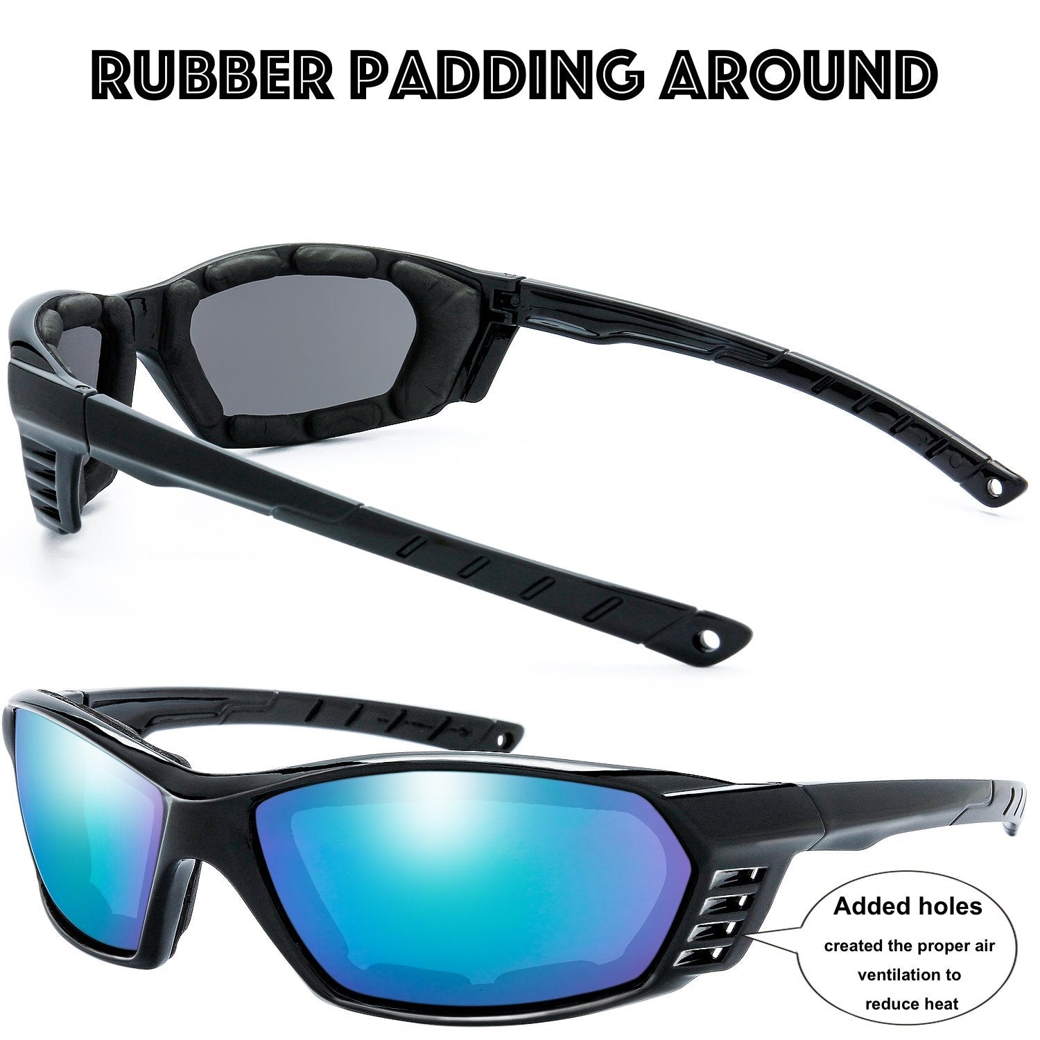 The Fresh 3 Pairs Motorcycle Riding Glasses Padded Frame Lens Block 100% Uvb For Outdoor Activity Sport (9-Shiny Black, Grey, Gr