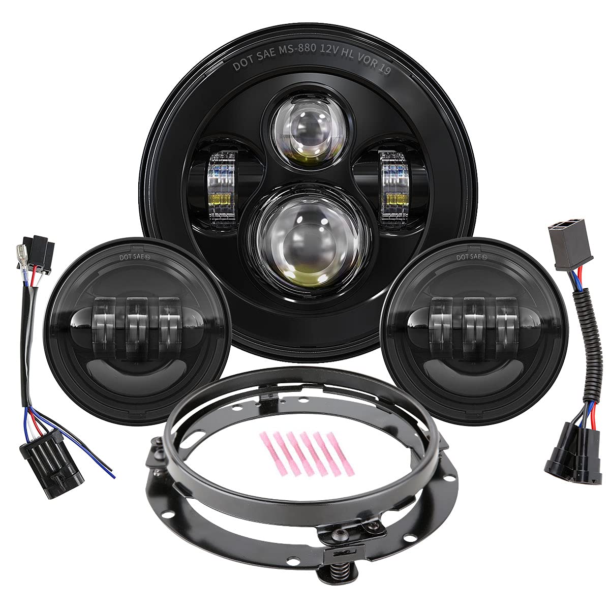 7 Inch Round Led Headlight Bulb Kit With 4.5 Inch Passing Lamps Fog Lights Mounting Ring For Street Glide Ultra Classic Road King Electra Glide Heritage Softail Slim Deluxe Fatboy Tri Cvo (Black)