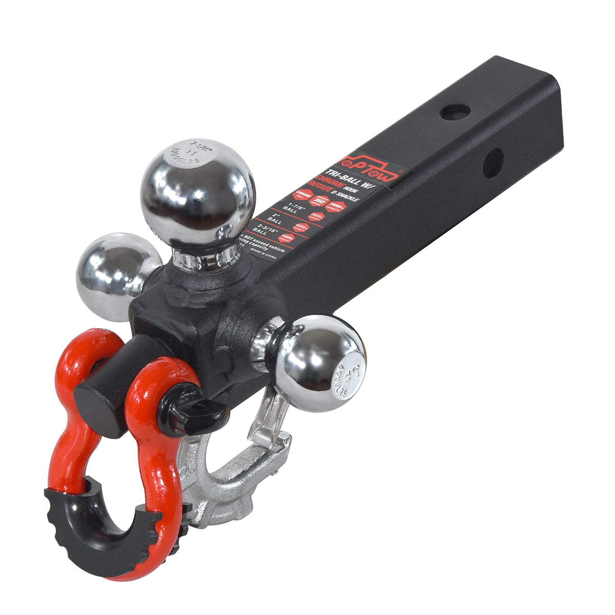 TOPTOW Recovery Shackle Ball Hitch Mount w/Chrome Triple Tow Ball, 2-in Shank, Multi Fit for 2 inch Trailer Hitch Receiver Box