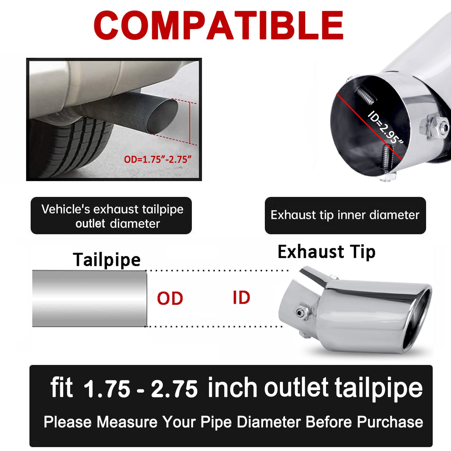 Dsycar Universal 1.75-2.75 inch Curved Exhaust Tips, Chrome-Plated Finish Bolt On Design Exhaust Tips for 1.75/2/2.25/2.5