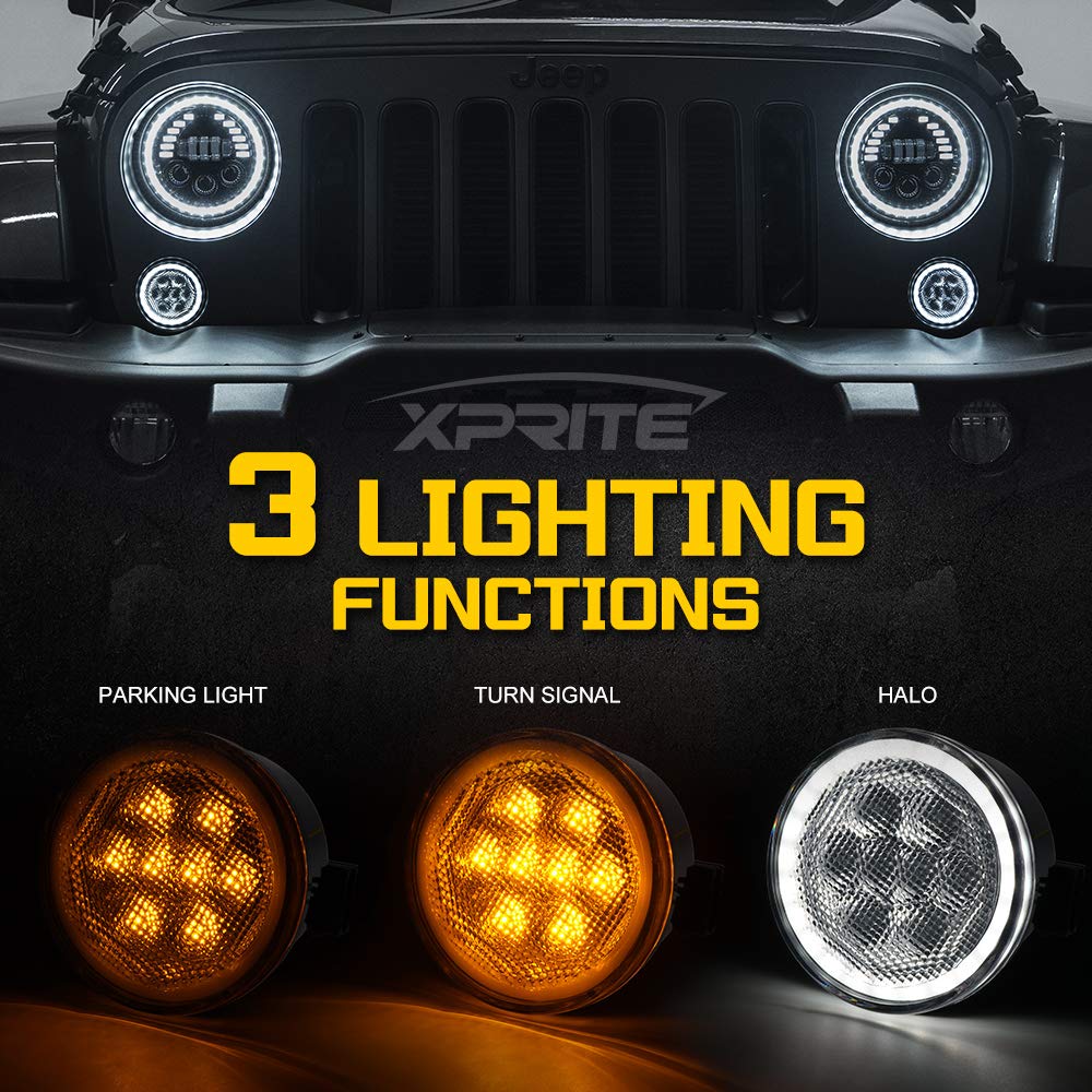 Xprite Led Turn Signal Lights With White Halo, Plug & Play Front Grille Parking Lights Compatible With 2007-2018 Jeep Wrangler J