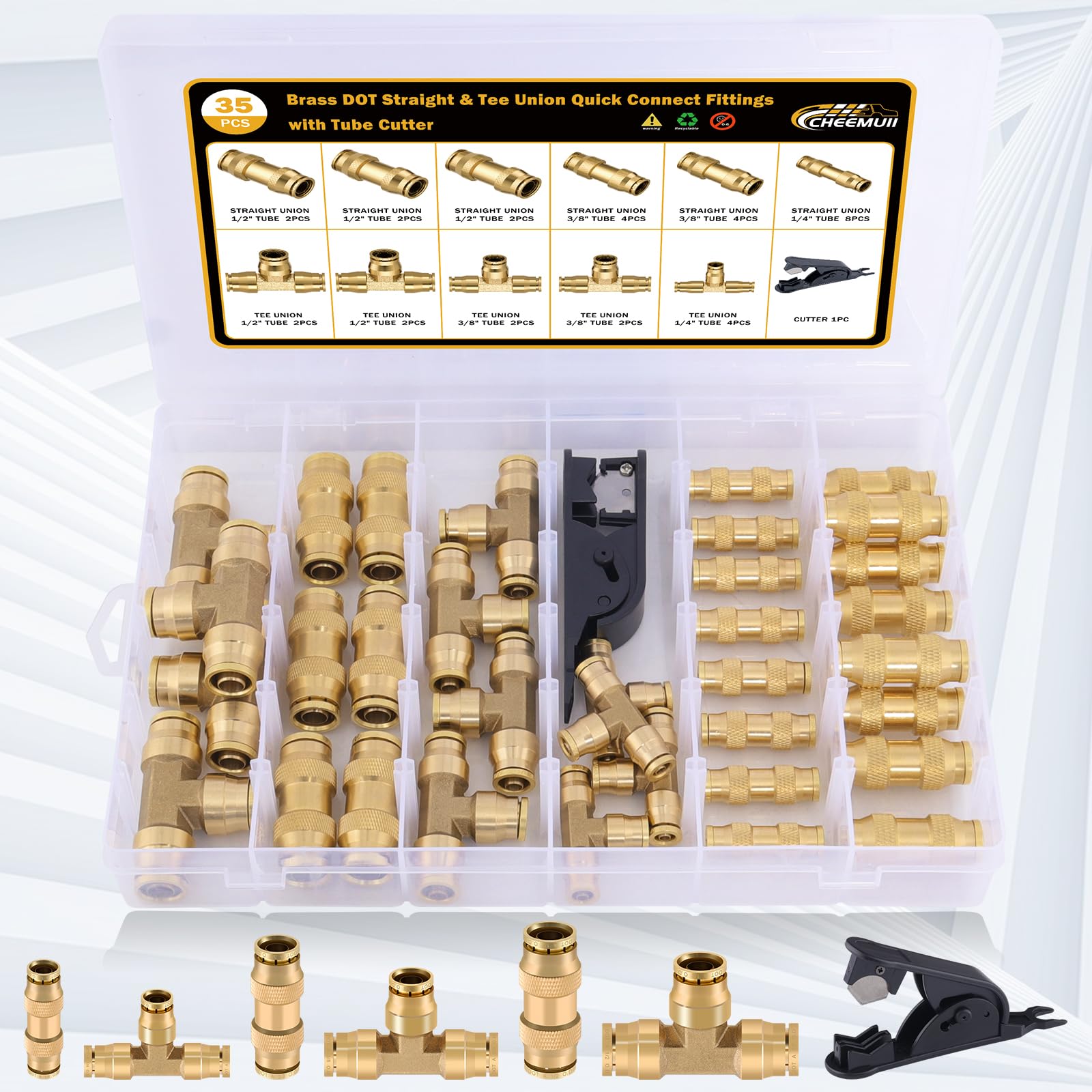 Cheemuii 35 Pcs Brass Dot Air Line Fittings Kit 1/4 3/8 1/2 Dot Quick Connect Air Fittings Straight & Tee Union Push To Connect