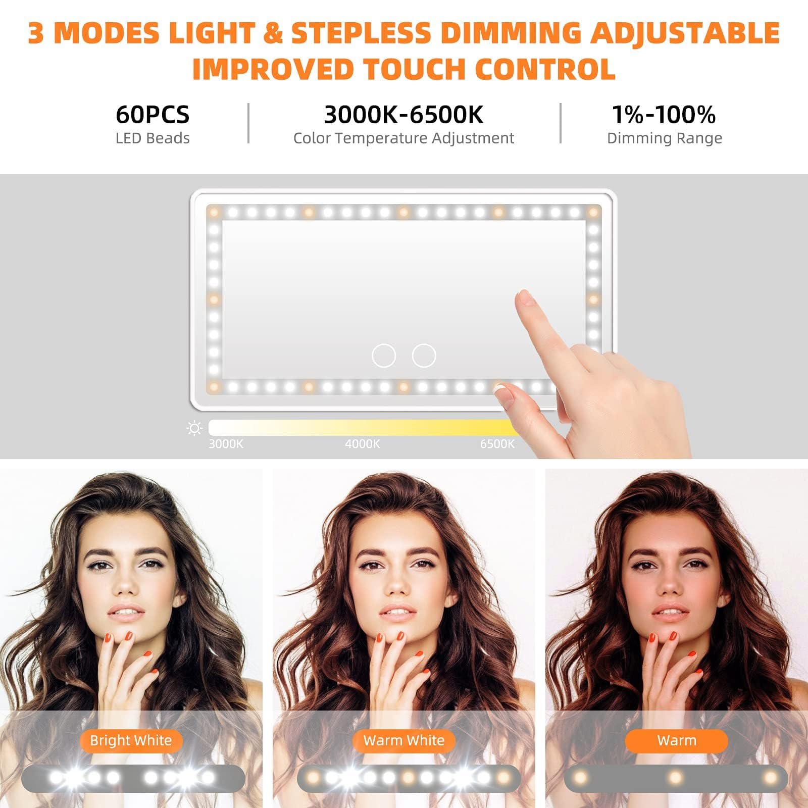 Car Sun Visor Vanity Mirror, Rechargeable Makeup Mirror With 3 Light Modes & 60 Leds - Dimmable Clip-On Rear View Sun-Shading Co