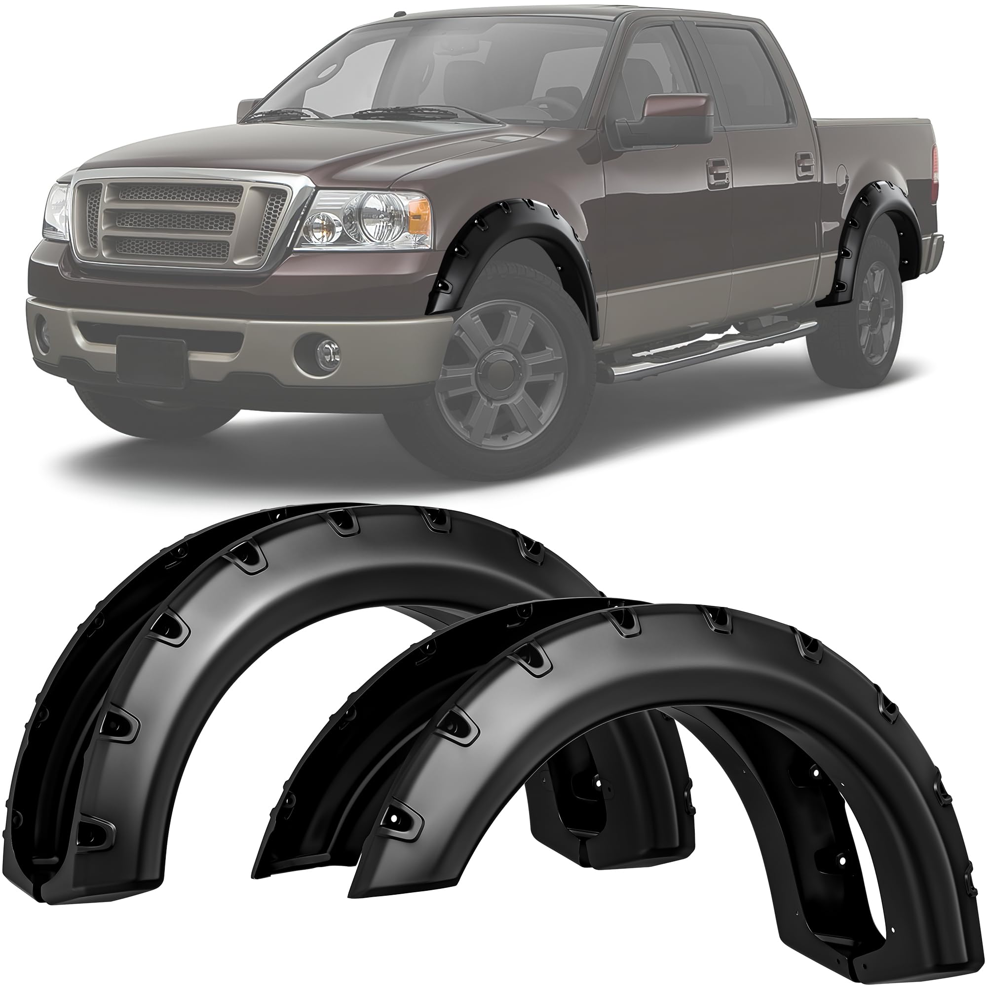 Ledkingdomus Fender Flares Kit Compatible For 2004-2008 Ford F150 Styleside, 2006-2008 Lincoln Mark Lt, Dura-Flex Material Smooth Black Finish Front Rear Wheels Pocket Rivet Style