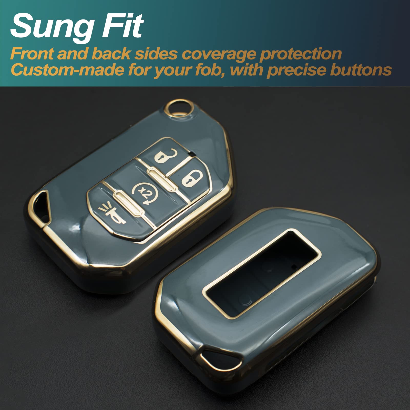 Feyoun Key Fob Cover Compatible With Jeep Gladiator Wrangler Flip 4 Buttons Tpu Remote Keyless Key Fob Case Protection Shell Accessories, Blue Gray