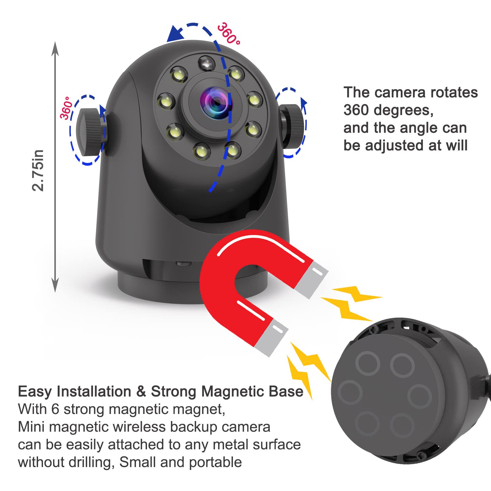Yeoizo Wifi Magnetic Hitch Wireless Backup Camera, Back Up Front/Rear View Reverse Camera Night Vision Rechargeable Battery, Eas