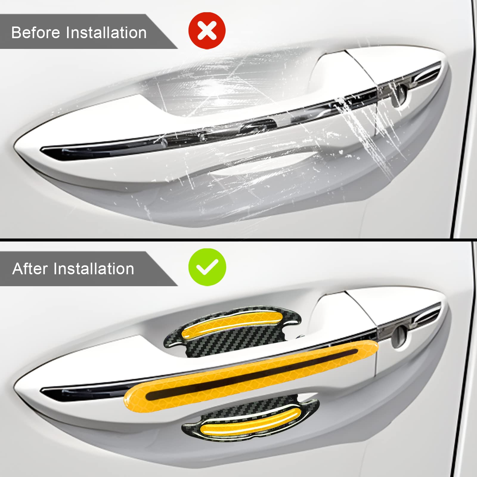 8Pcs 3D Car Door Handle Cup Protector, Reflective Stripe Stickers Anti-Scratch Car Outdoor Safety Warning Marker, Universal Car