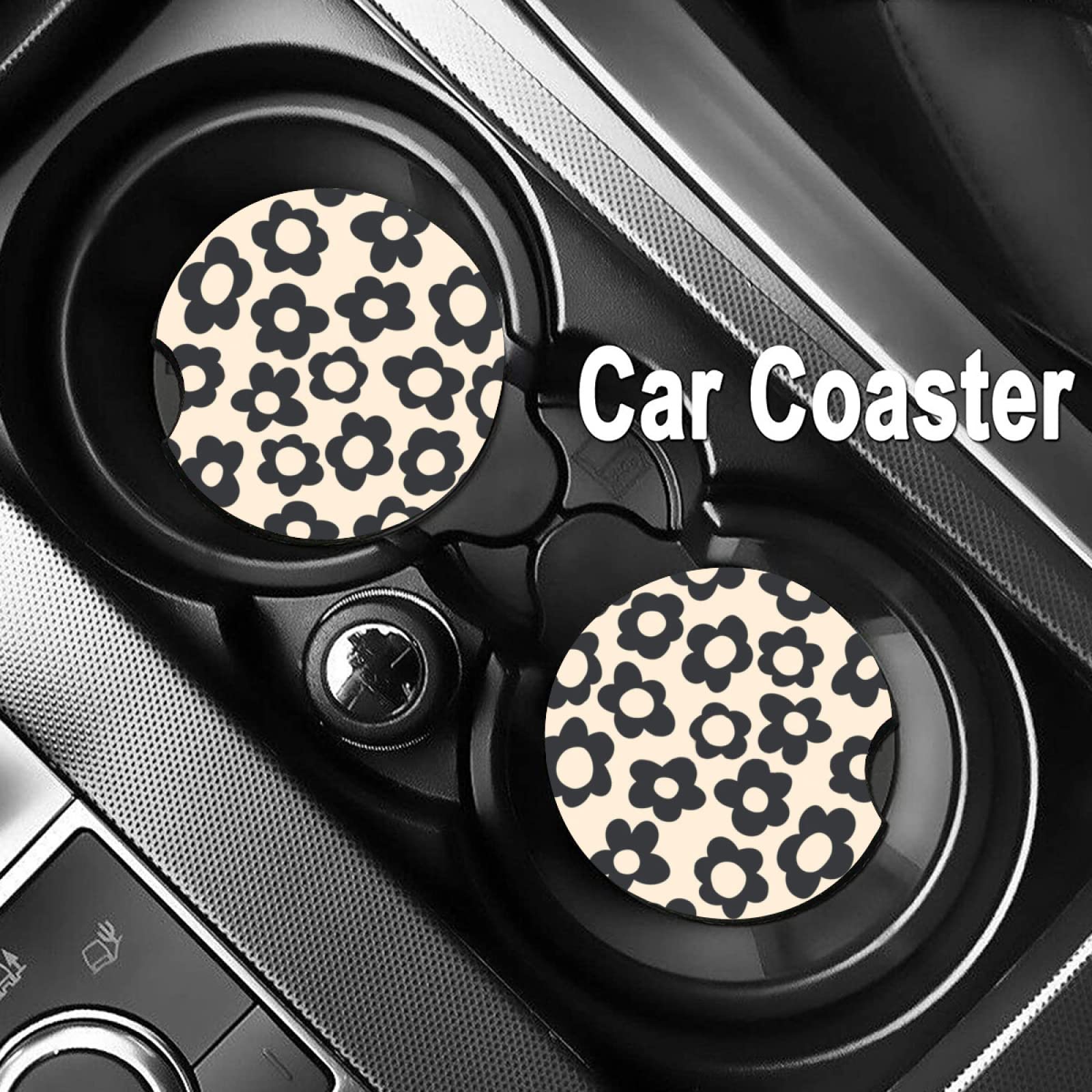 Abstract Black Flower Absorbent Car Cup Coasters,Cup Holders,Cork Base Drink Coasters With Finger Notch For Easy Move Of Car Cup