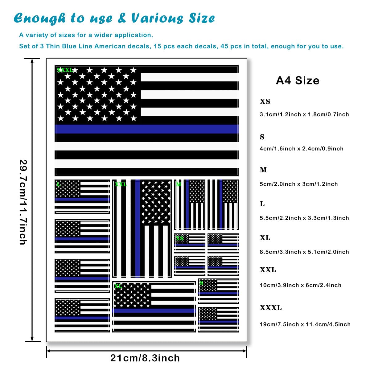 QQSD Thin Blue Line American Police Flag Sticker Decal in Multiple Sizes - Honoring Law Enforcement Officers Stickers, 3 Pack, 1
