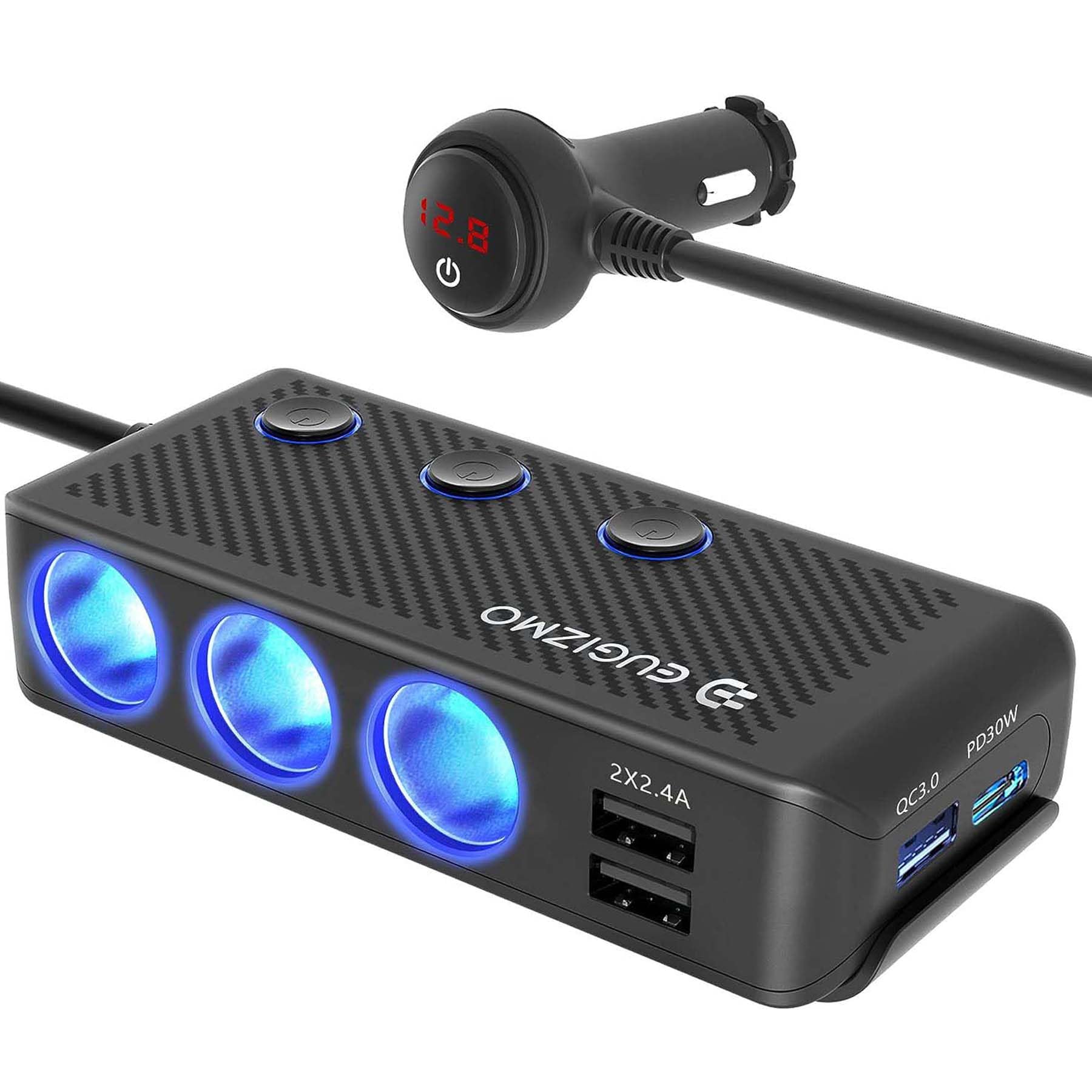 Eugizmo Cigarette Lighter Plug Splitter, 3 Socket 200W Car Cigarette Lighter Adapter Usb Charger Extension Cord Multi Port Power