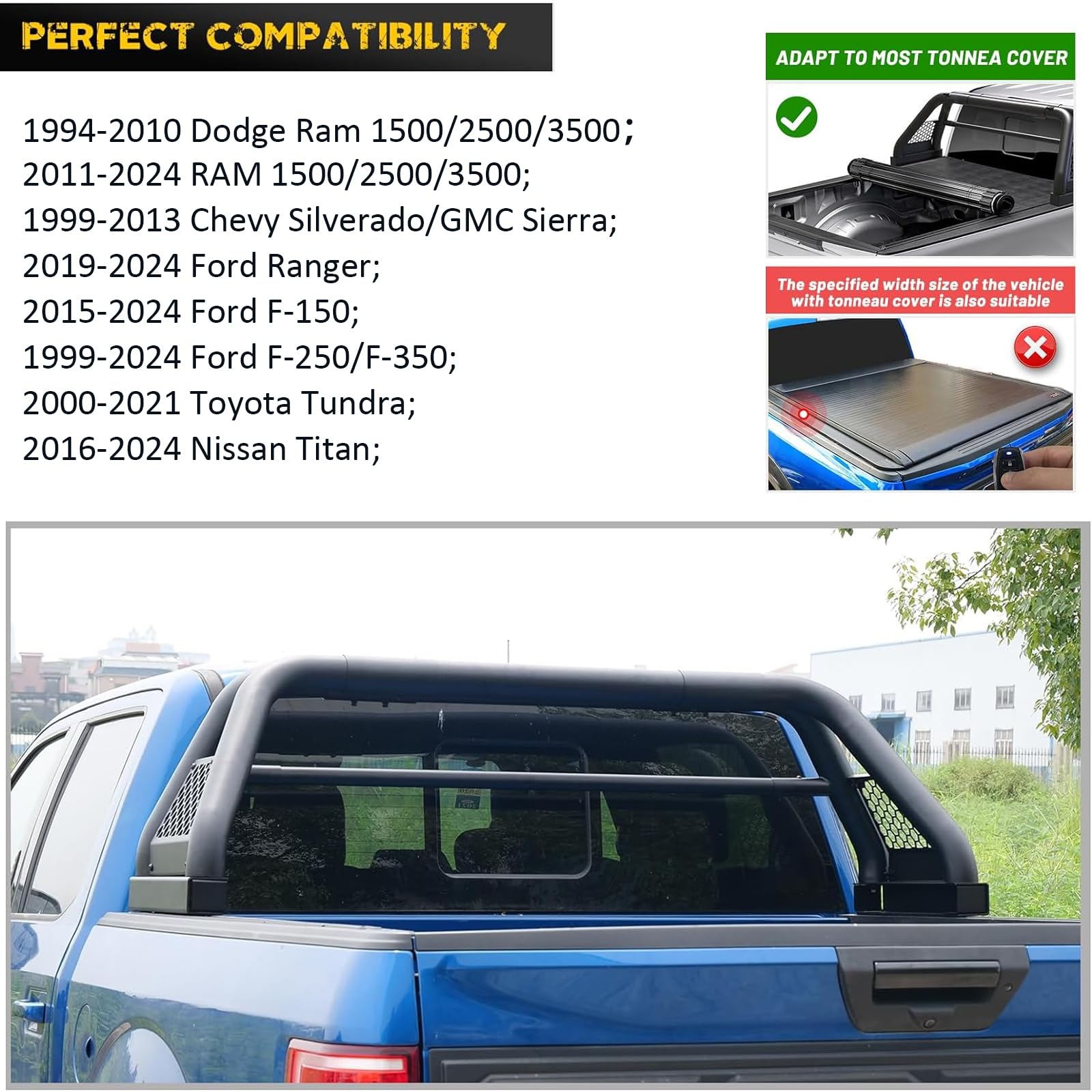 Hawkley Chase Racks for Trucks, Universal Sport Roll Bar, 70.7"x19.3"x20.9", Black, Model I101, Fits Dodge Ram, Jeep, Chevy,