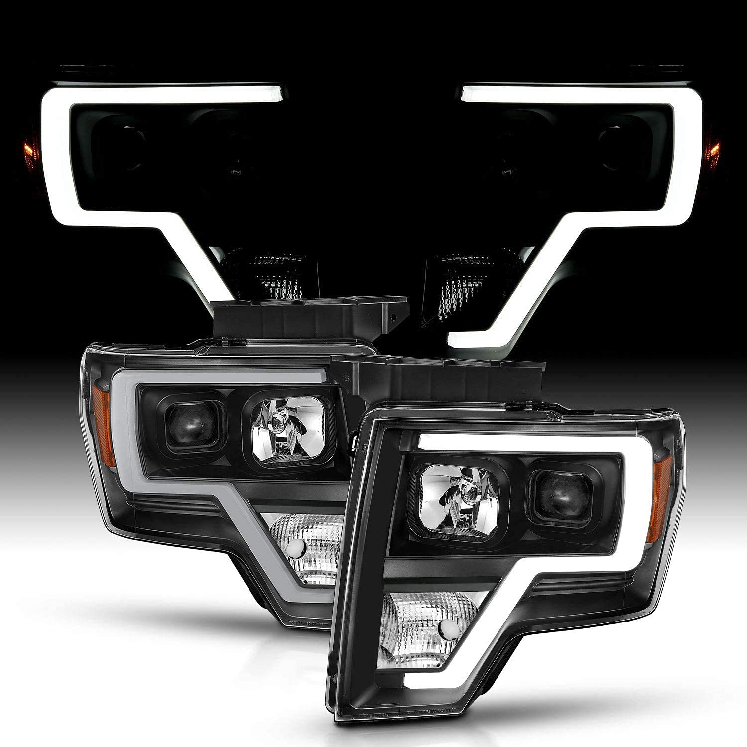 Amerilite For 2009-2014 Ford F150 Truck Led Bar Square Projector Halogen Black Headlights Set High/Low Beam Bulb Included - Driv