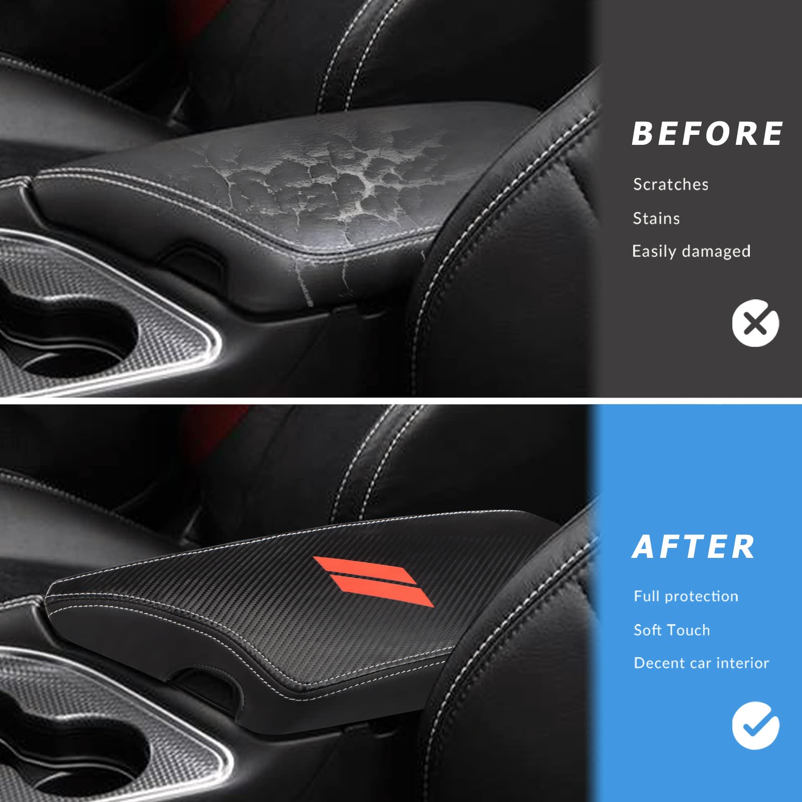 INTGET Car Center Console Armrest Cover, PU Leather, Black Carbon Fiber Texture, Fits 2015-2023 Dodge Challenger, Interior Lid Protector