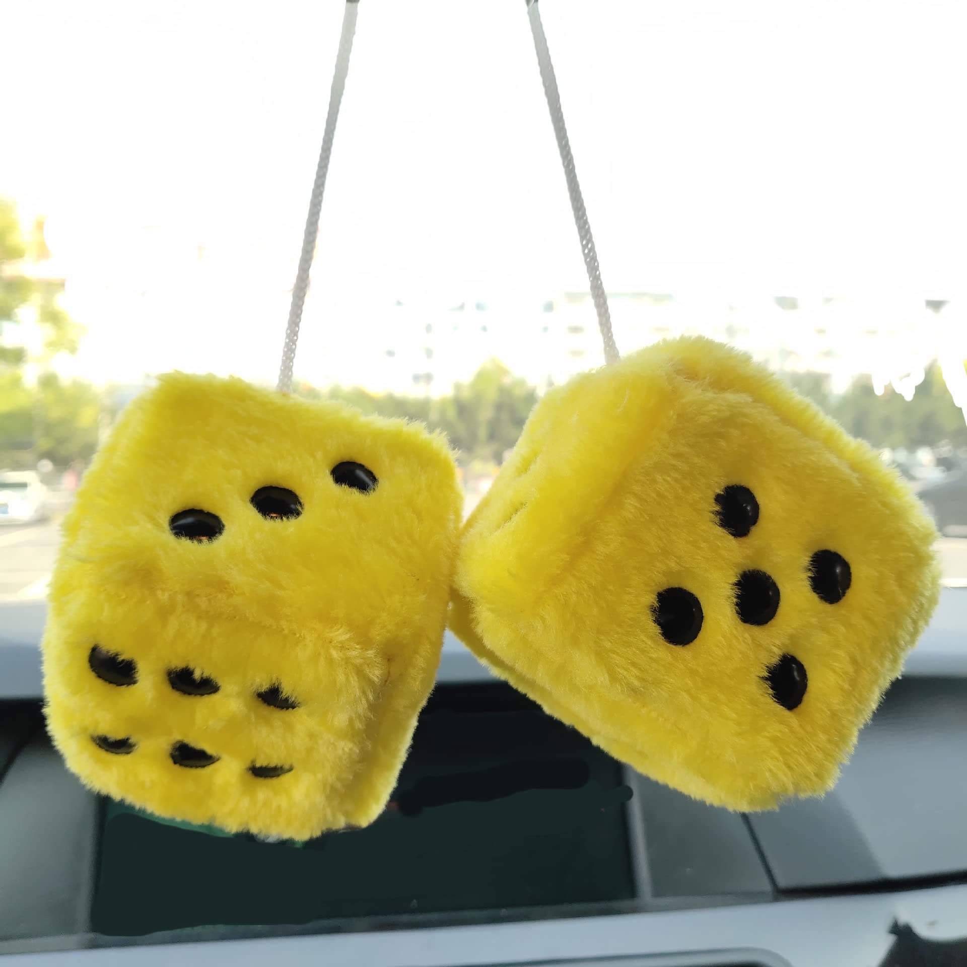 Fuzzy Plush Dice For Car Mirror, Pair Of Retro 3    Black Dice With White Dots For Car Interior Hanging Ornament Decoration