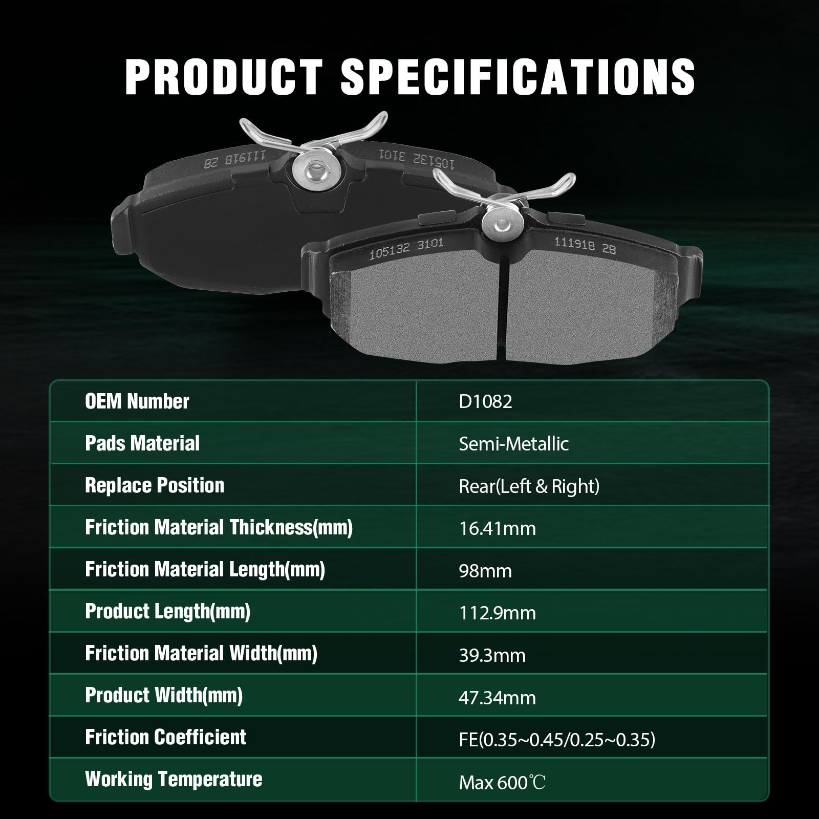 Automuto 4Pcs Rear Semi-Metallic Disc Brake Pads Set D1082 For Ford For Mustang 2005-2011