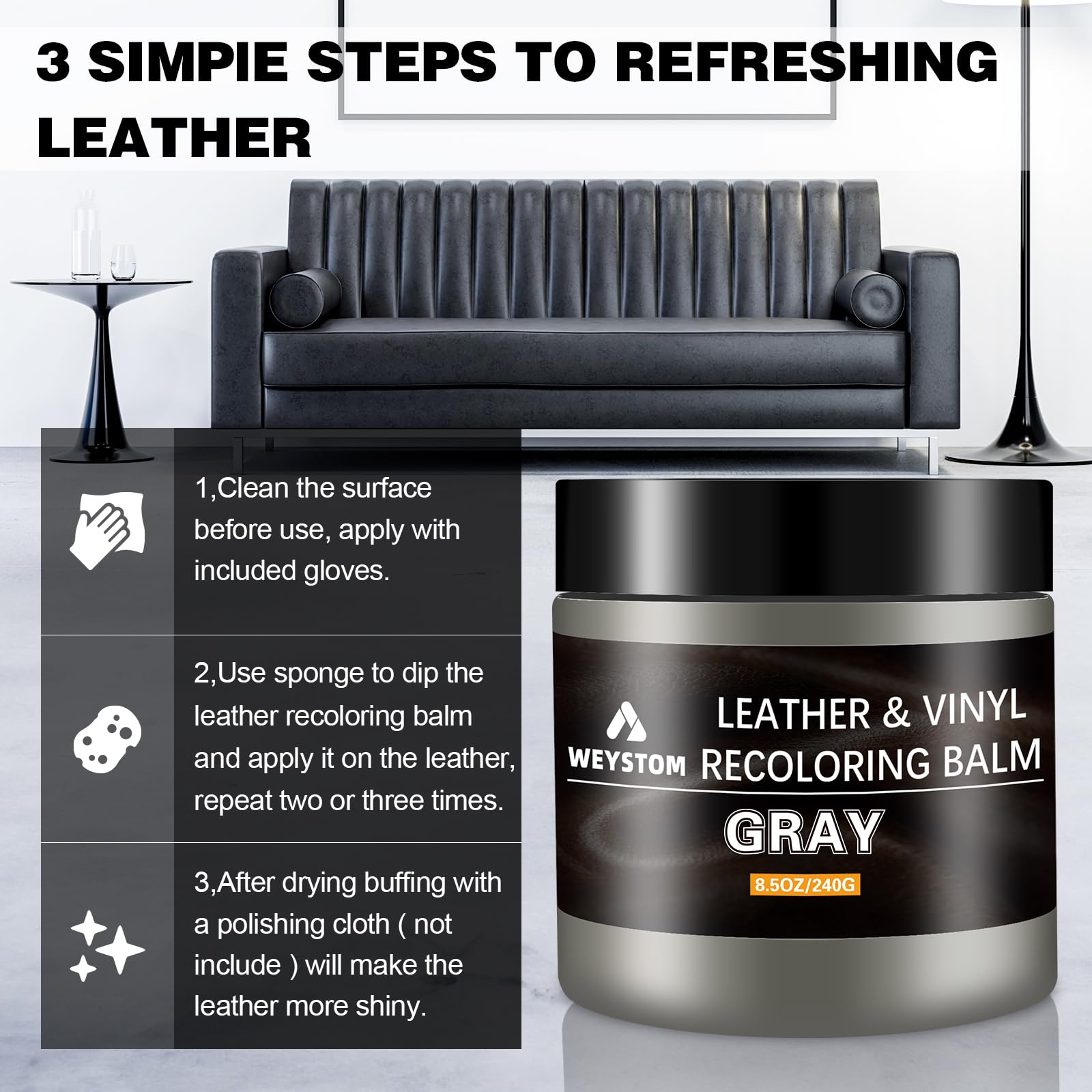 Weystom Leather Recoloring Balm - Grey Leather Repair Kit For Furniture, Leather Dye, Recolor, Renew, Repair & Restore Aged, Fad