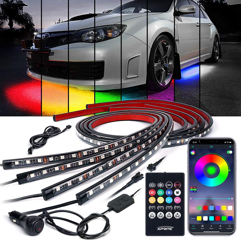 Car Underglow Kit, Xprite 4 Pcs Car Underglow Neon Accent Strip Lights 8 Color 252 Leds Rgb Sound Music Function With App & Remo