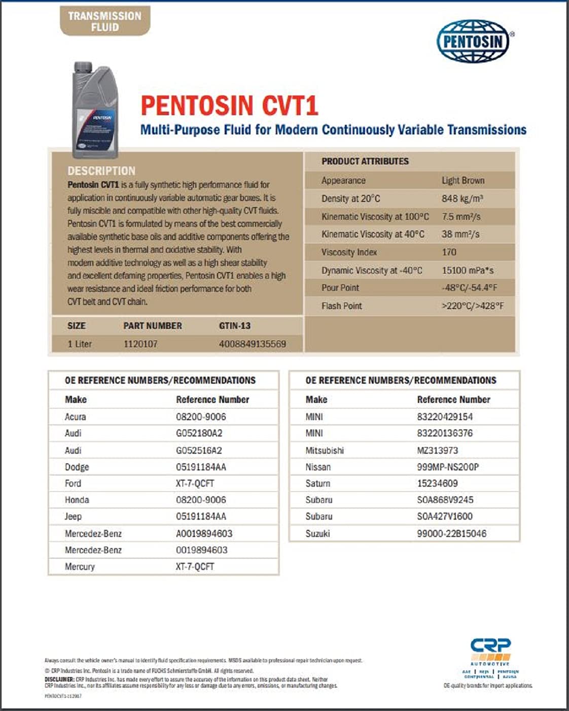 Pentosin 1120107 Cvt1 Transmission Fluid And Multi-Purpose Fluid For Modern Continuously Variable Transmissions, 1 Liter, Pack Of 1