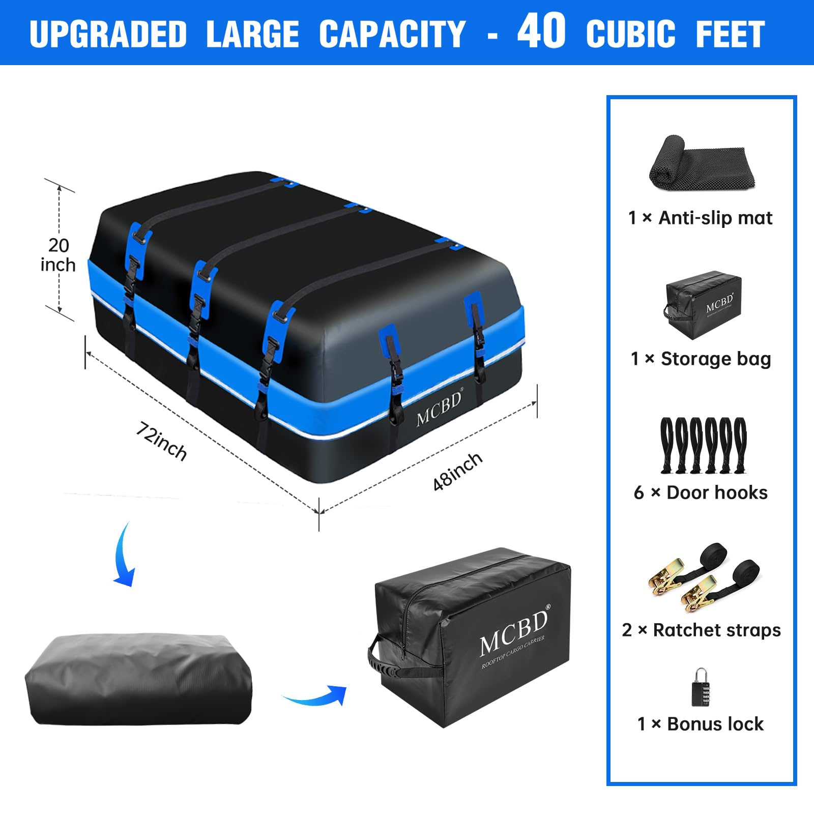 40 Cubic Feet Rooftop Cargo Carrier Bag, Waterproof Soft-Shell Car Roof Bag for All Vehicles SUV with/Without Rack, Car Top Lugg