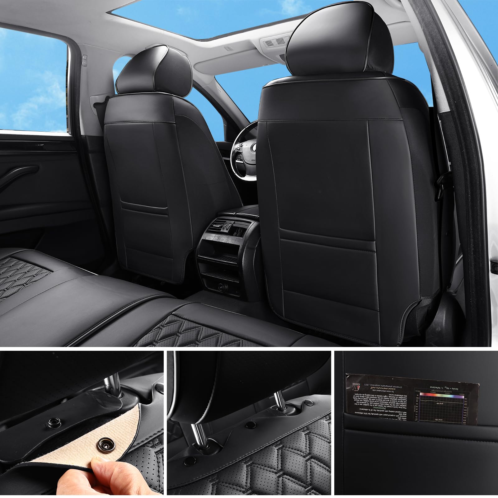 Sxikin Car Seat Covers Full Set Black, Luxury Faux Leather Car Seat Covers Waterproof Non-Slip Seat Protector Universal Fit For