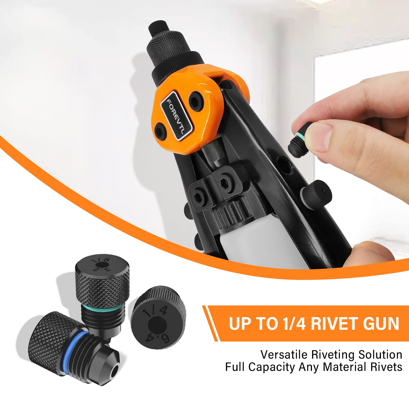 Forevtl Rivet Gun - 1/4 Pop Rivet Gun Kit With 210 Pop Rivets (3/32 '', 1/8 '', 5/32 '', 3/16 '', 1/4 ' ') Full Metal 13 '' Larg