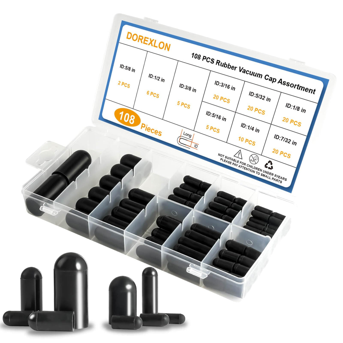 108PCS Vacuum Caps Assortment, Vacuum Plugs Hose End Cap, Rubber Vacuum Caps Kit for Carburetor, Manifold, Automotive, 3/16'' 5/