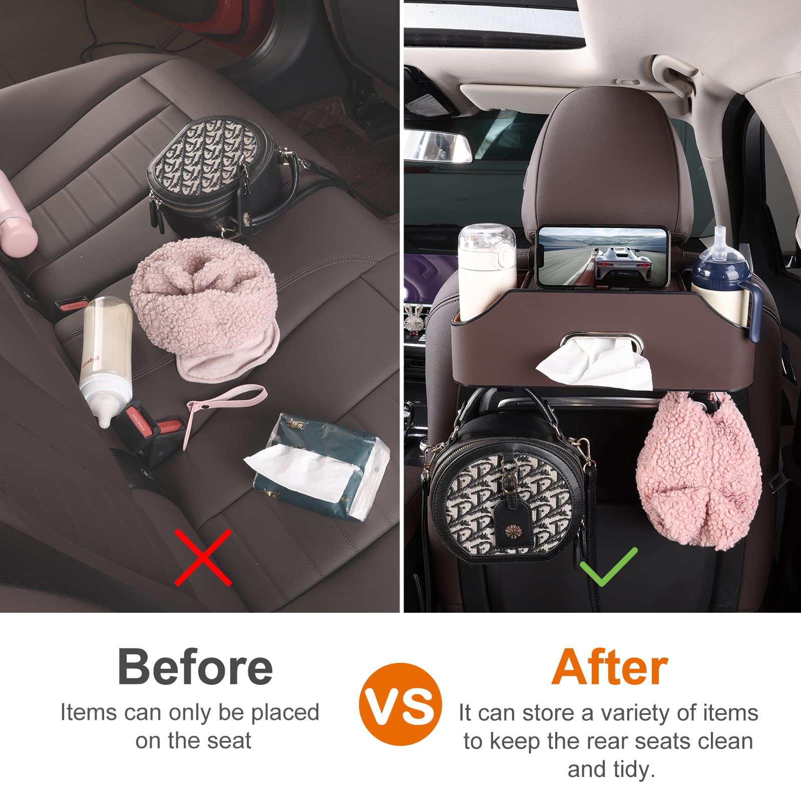Car Rear Backseat Extra Multifunctional Drink Cup Holder Organizers with Tissue Storage Box Organizer & Hooks for Car Seat Back