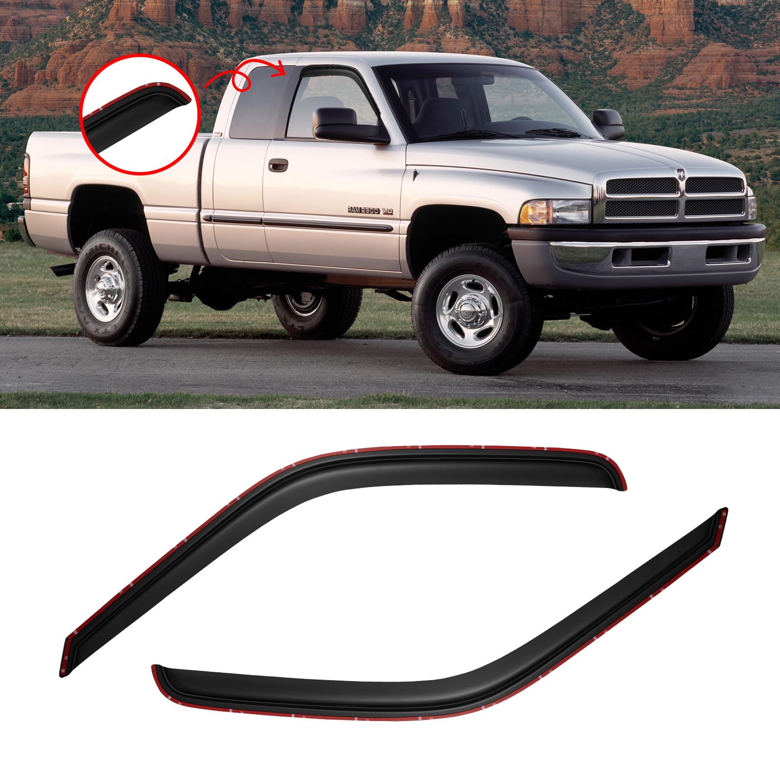 In-Channel Window Visor For 1994-2001 Dodge Ram 1500, 1994-2002 Dodge Ram 2500/3500 Pickup (Excludes Towing Mirror), Rain Guards