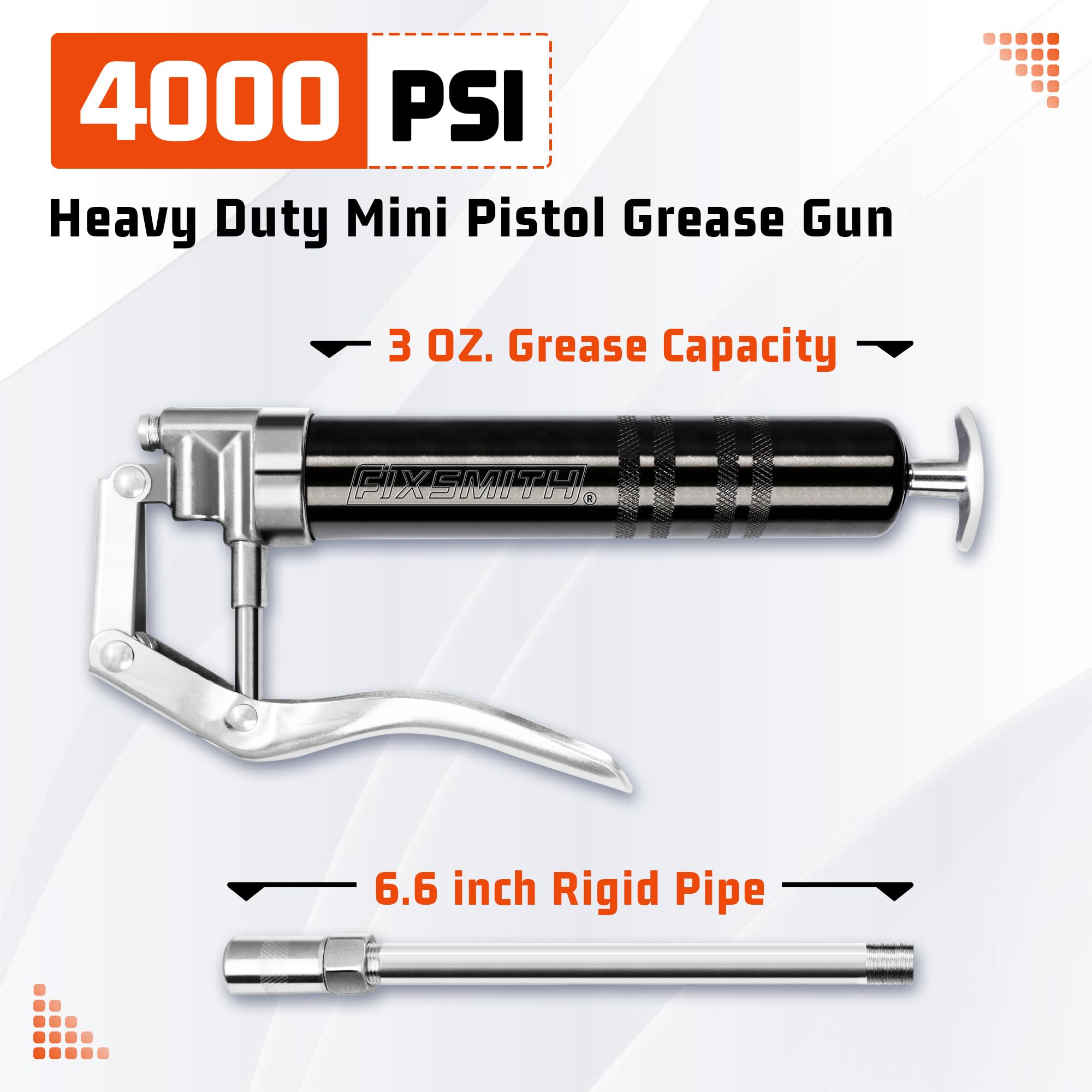 FIXSMITH Mini Grease Gun, Small Pistol Grip Grease Gun, Design for 3oz Cartridges. with 6.6 inch Rigid Extension Pipe, 3-Way Loa