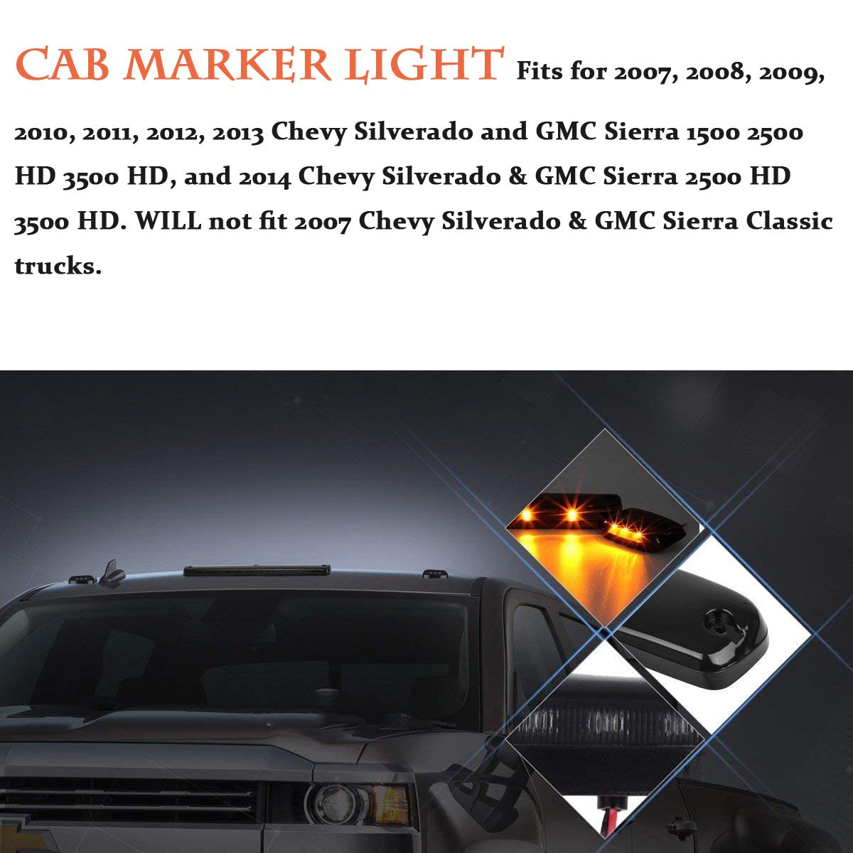 Npauto 3Pcs Silverado Cab Lights Amber 12 Led Clear Lens Cab Marker Roof Top Clearance Lights Running Light Assembly Replacement