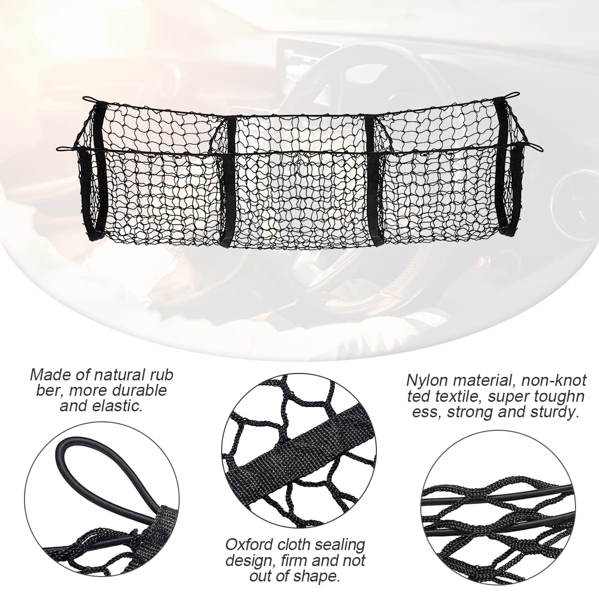 Cargo Net For Car, Expandable 3 Pocket Heavy-Duty Cargo Net Organizer, Black Mesh Storage Pocket With 4 Metal Carabiners Univers
