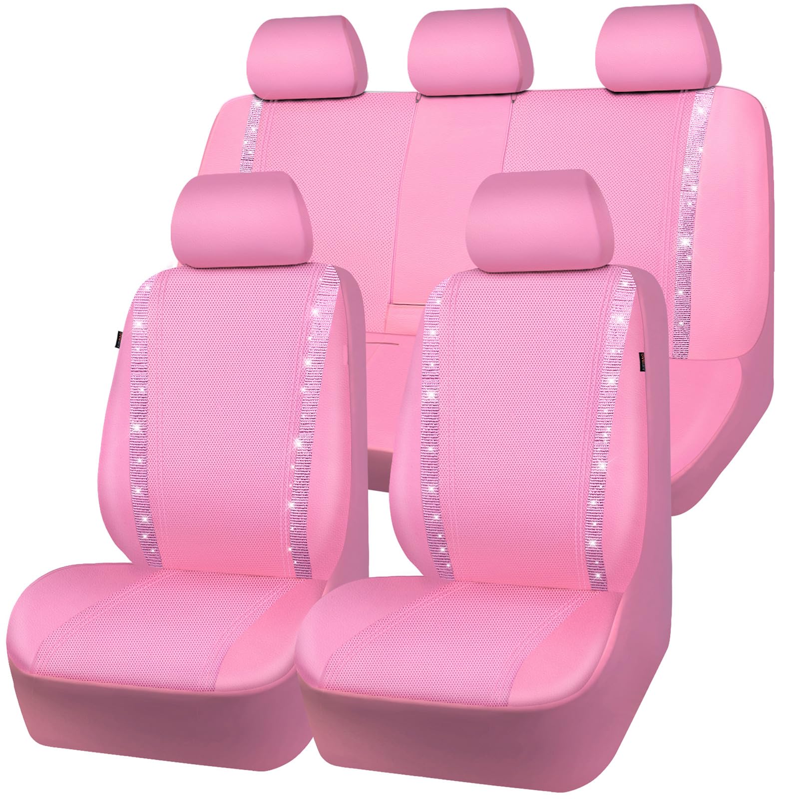 Car Pass Bling Car Seat Covers Full Set, Shining Rhinestone Diamond Waterproof Faux Leather, Rear With Zipper, Universal Fit Automotive Glitter Crystal Sparkle Strips For Cute Women Girl, Pink