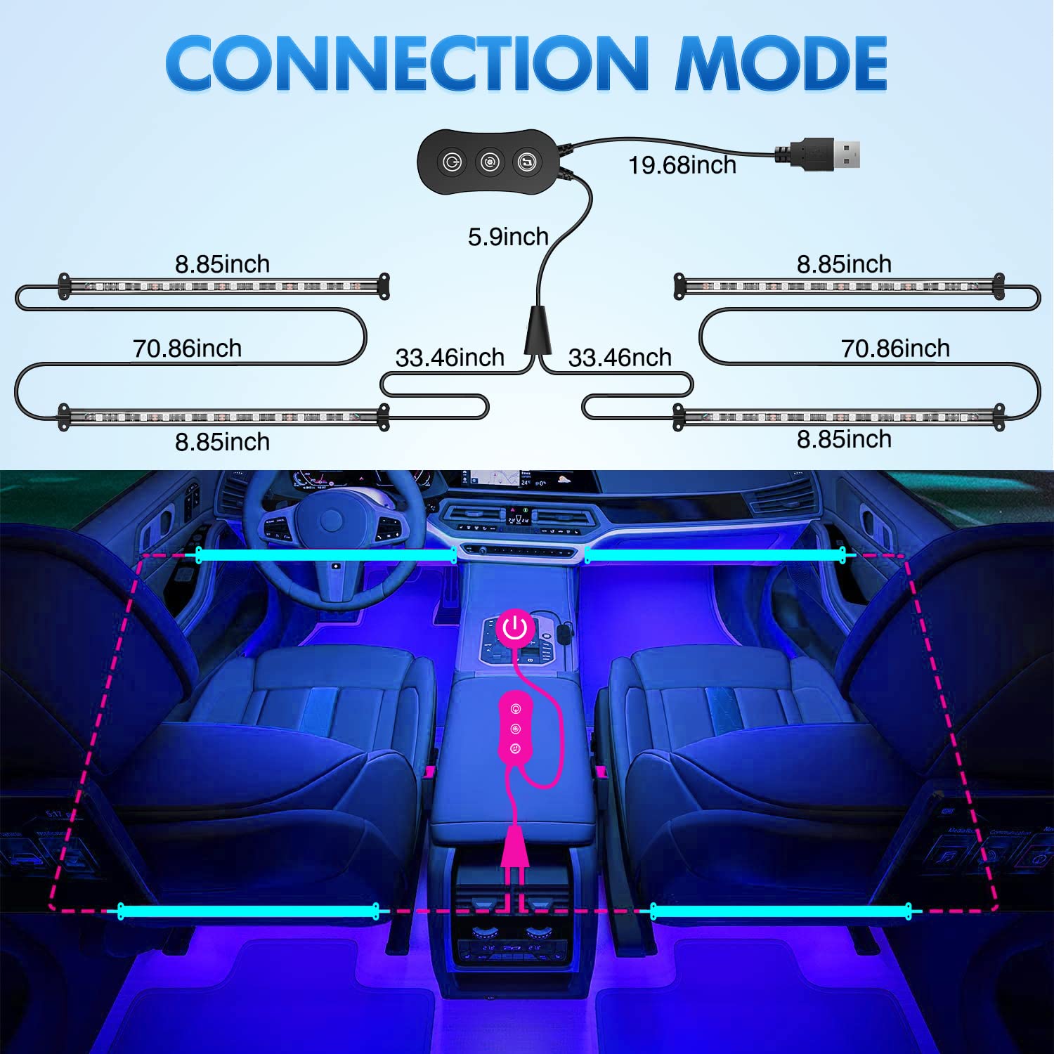 Nilight 4Pcs Usb Interior Car Lights 48 Leds Rgb Led Strips Lights With App Control Music Sound Active Mode Under Dash Footwell