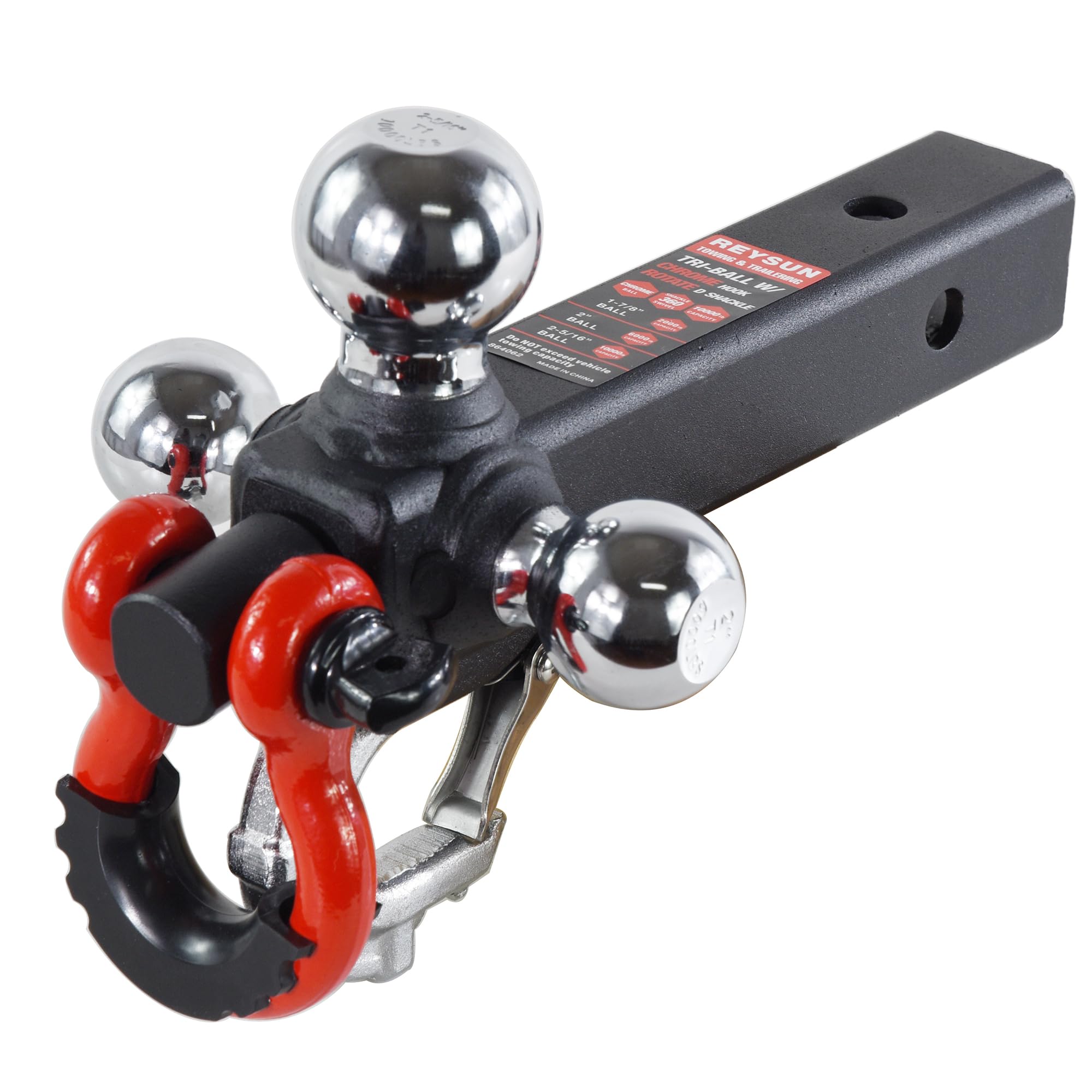 REYSUN Trailer Hitch Tri-Ball Hitch with Rotatoble Tow Shackle and Tow Hook, fits for 2-inch Receiver, Chrome Trailer Ball