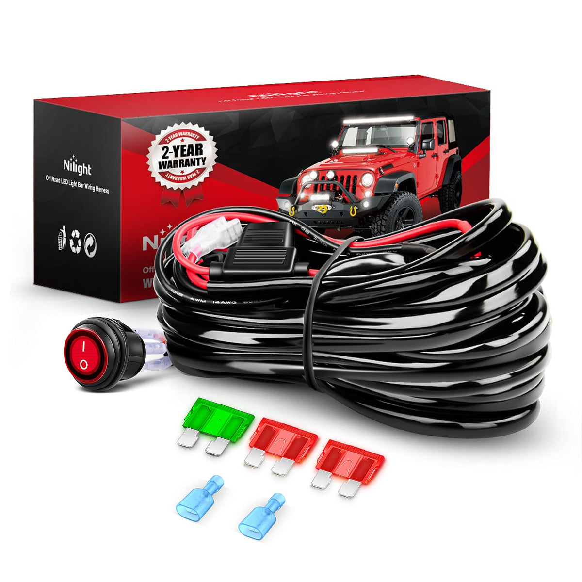 Nilight Copper LED Light Bar Wiring Harness Kit - 1 Lead 12AWG Heavy Duty 12V On Off Switch Power Relay Blade Fuse for Off Road 