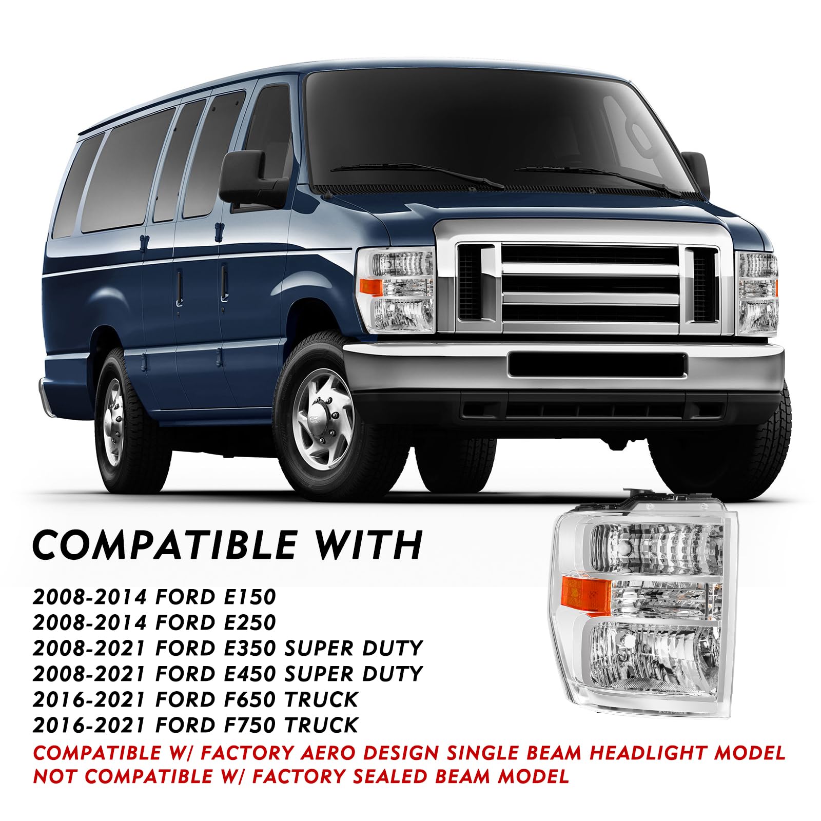 Tusdar Headlight Assembly Set For 2008-2014 Ford E150 E250 2008-2021 E350 E450 Super Duty Right Passenger Side Aero Style Headlamp Replacement