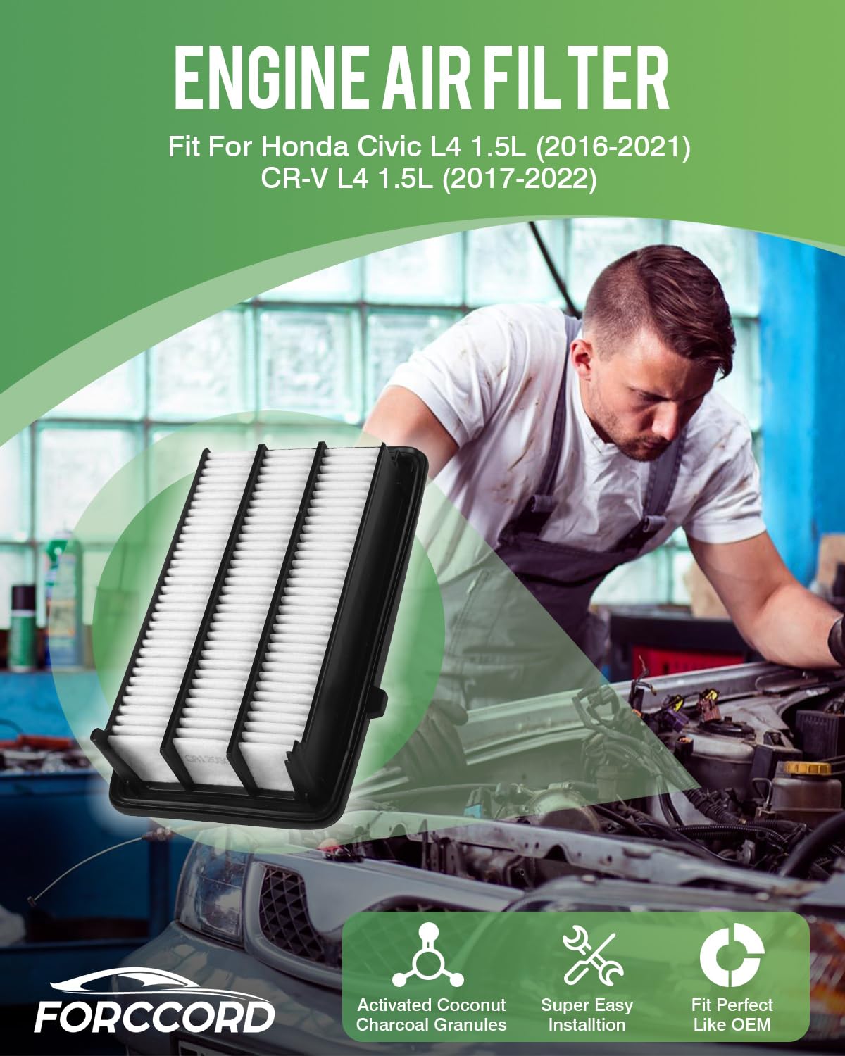 Forccord Cabin & Engine Air Filter Fit For Honda Civic L4 1.5L (2016-2021), Cr-V L4 1.5L (2017-2022) Activated Carbon Cabin Filt