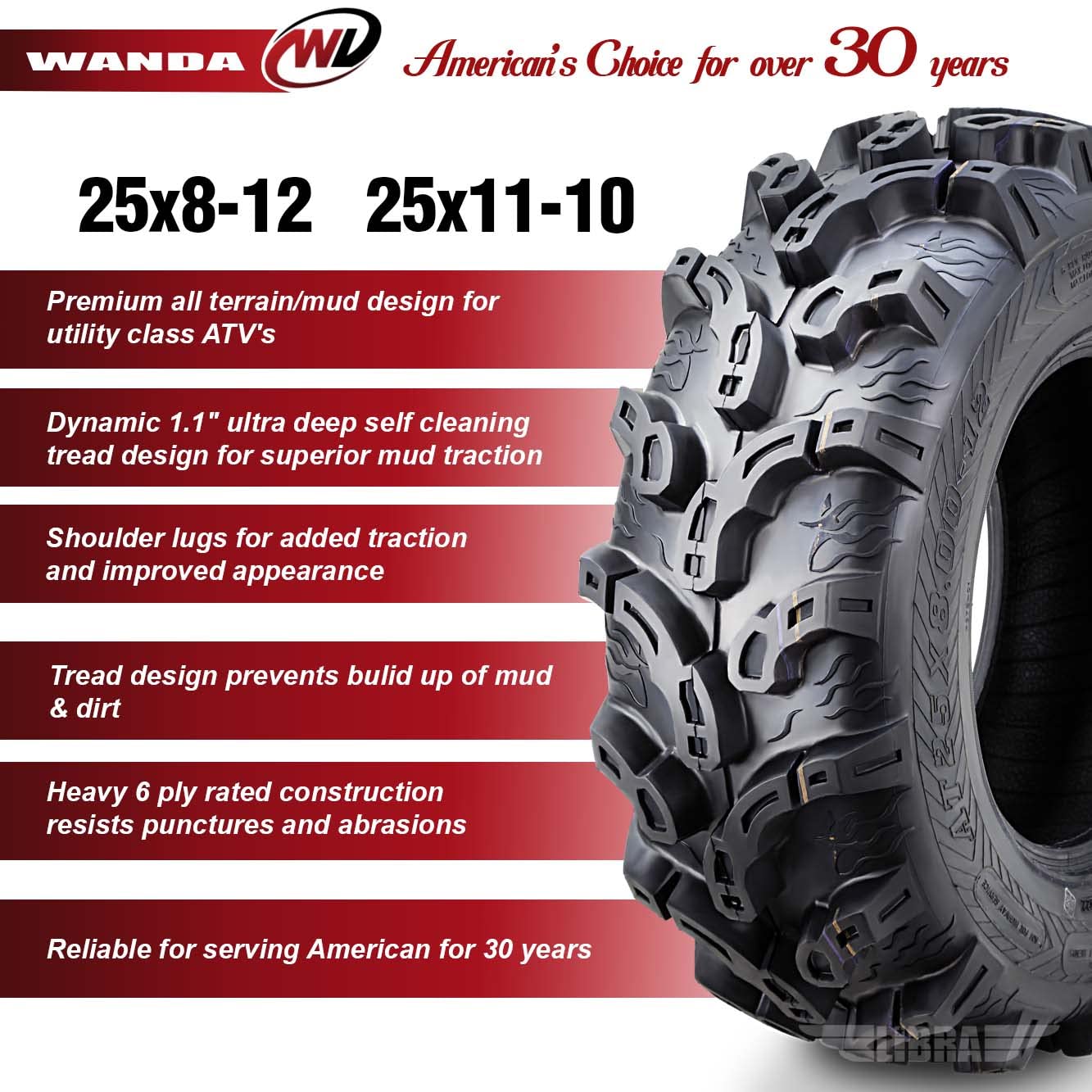 Wanda Set Of 4 Premium Atv/Utv Tires 25X8-12 Front & 25X11-10 Rear /6Pr P375 Super Lug Mud