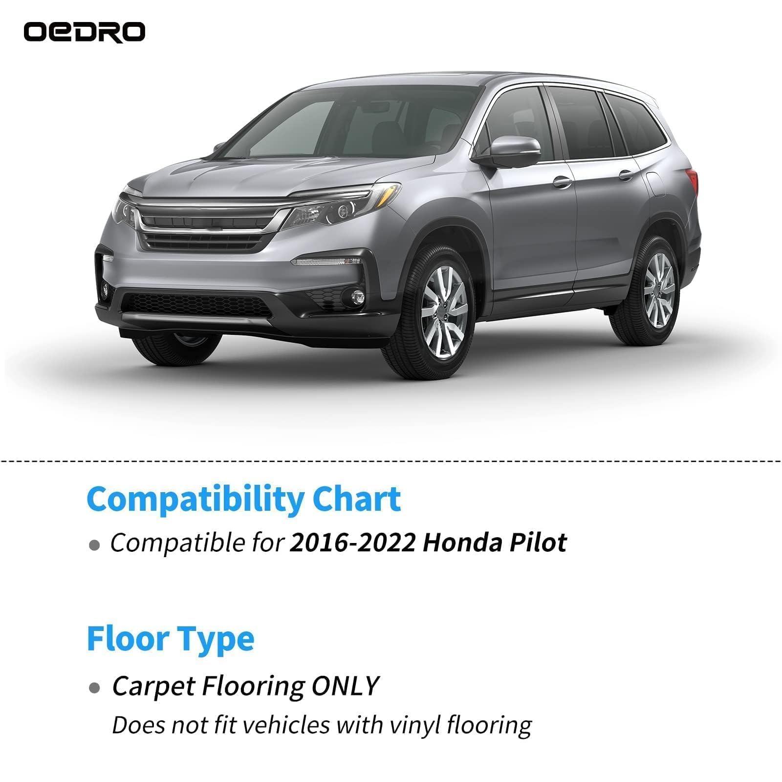 Oedro Floor Mats Fit For 2016-2022 Honda Pilot,Tpe All Weather Protection Pilot Car Mats Includes 1St And 2Nd Row: Front, Rear,