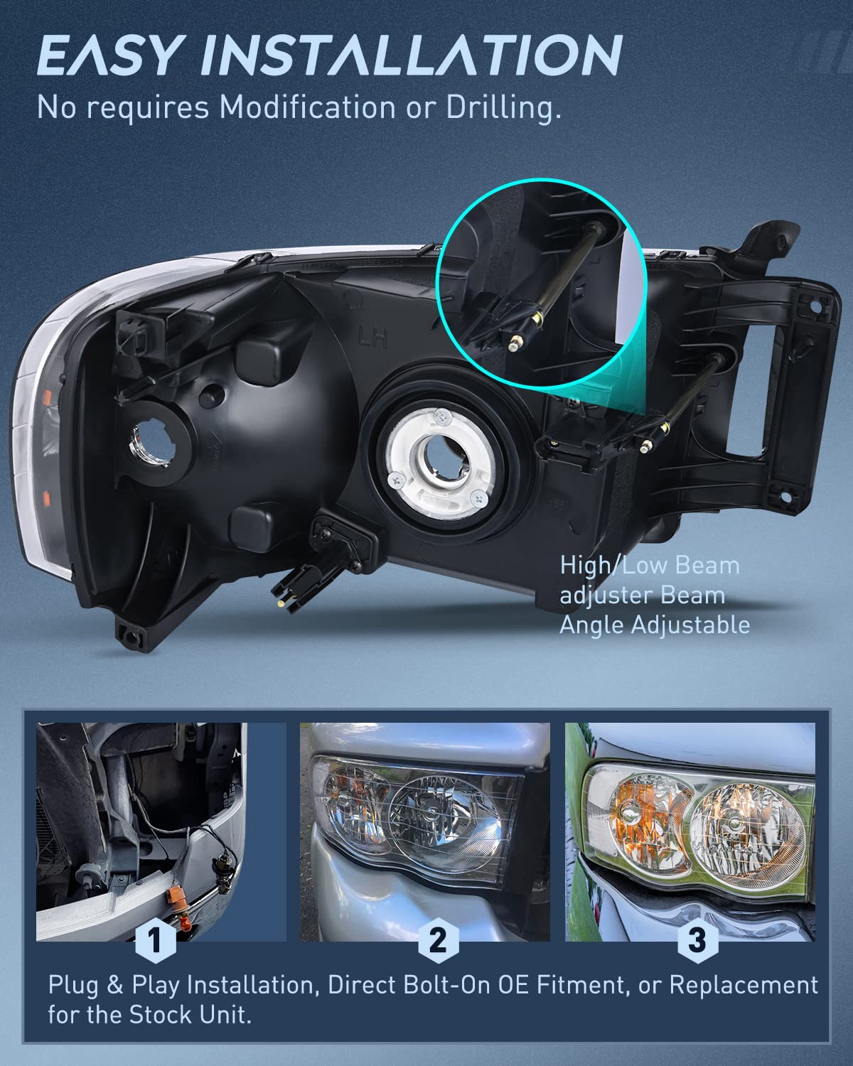 Nilight Headlight Assembly for 2002-2005 Ram 1500/2500/3500, Chrome Housing, Clear Lens, Driver & Passenger Side, 2 Pack