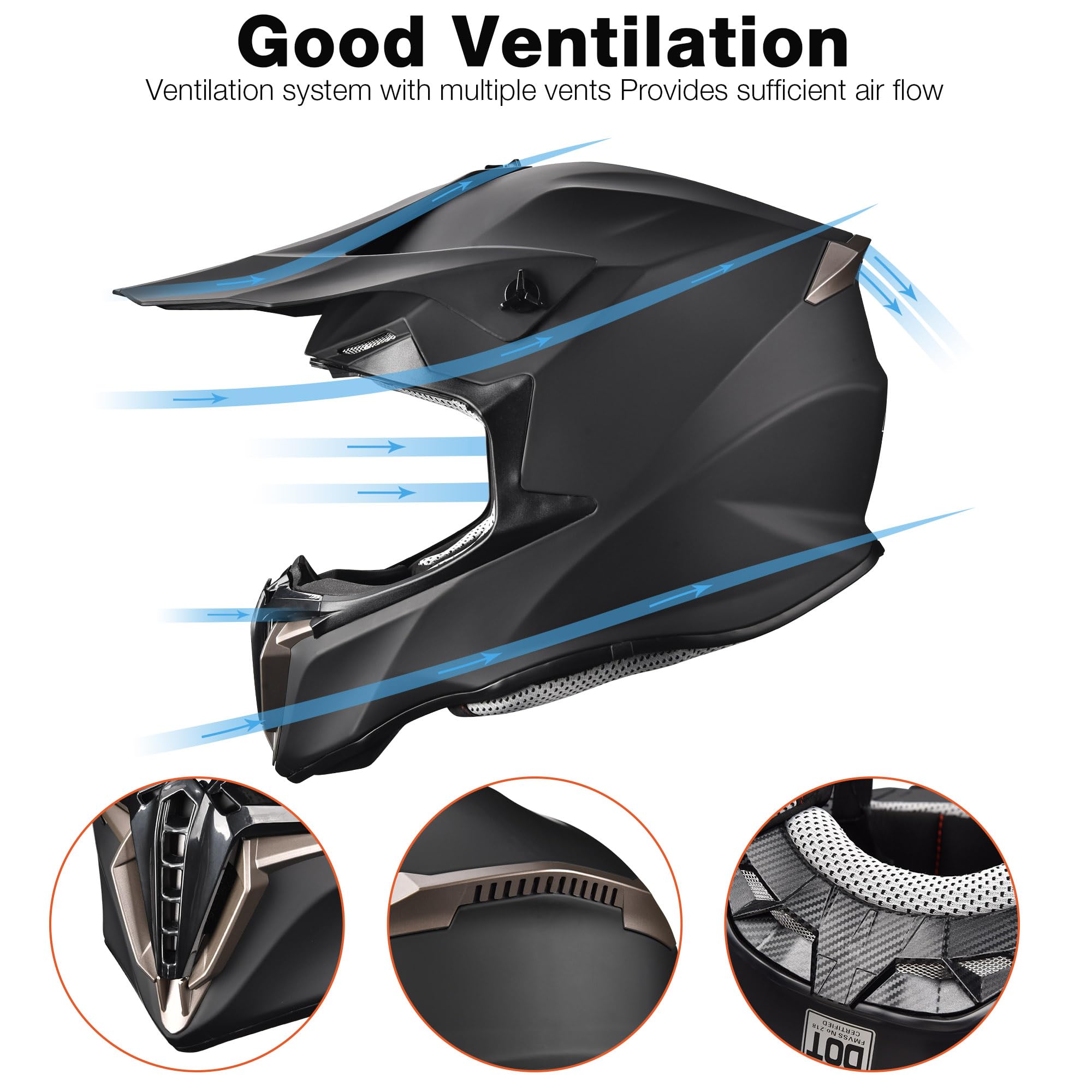 Ahr Offroad Full Face Motorcycle Helmet Motocross Dirt Atv Dot Matte Black Xl