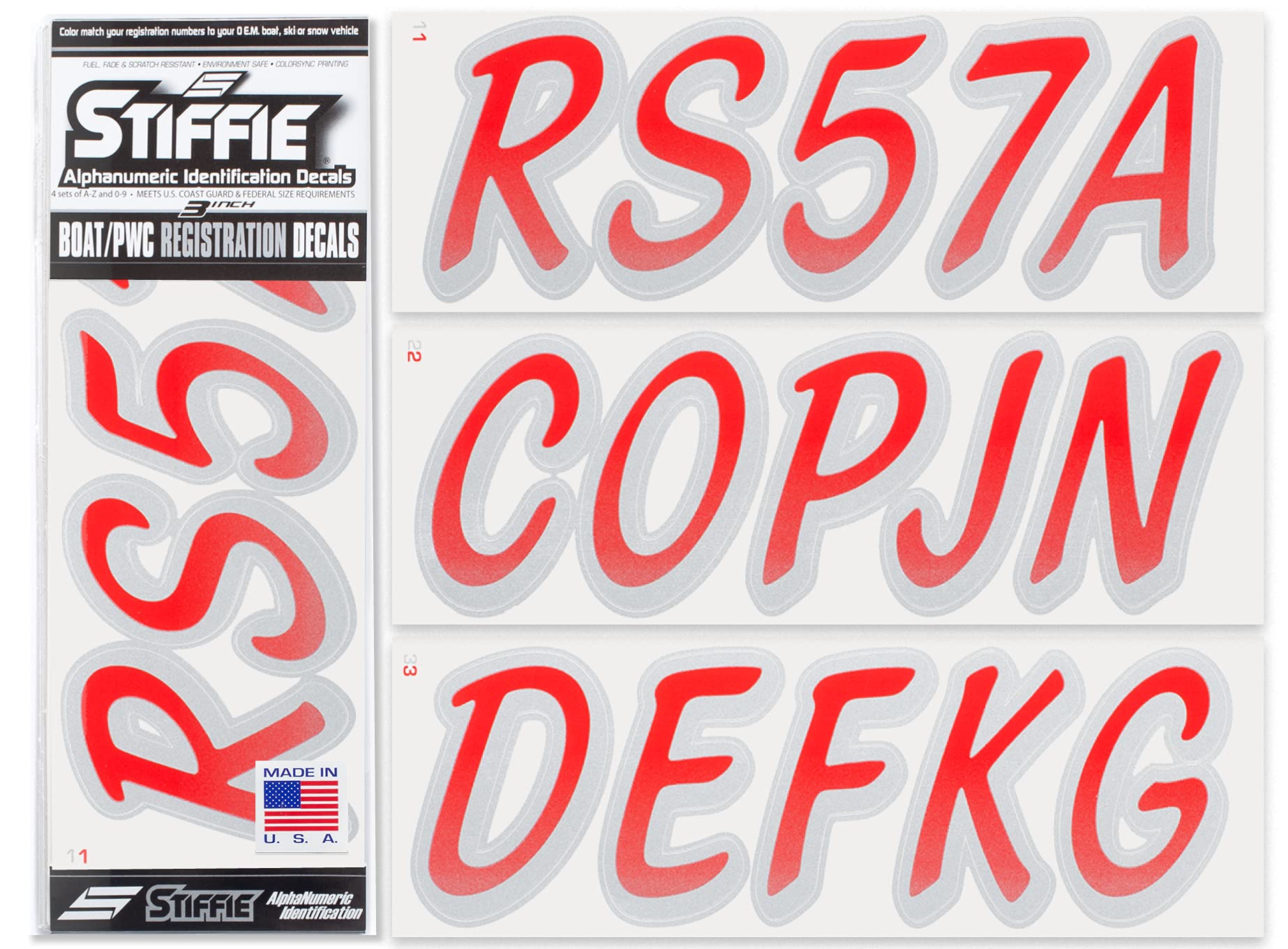 STIFFIE Whipline Red/Silver 3'' Boat & PWC Registration Decals  Numbers Letters Stickers