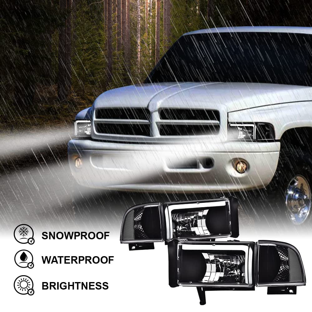 Pit66 Led Headlights,Compatible With 1994-2002 Dodge Ram 1500 2500 3500 Headlamps Assembly Clear Lens Black Housing Clear Reflec