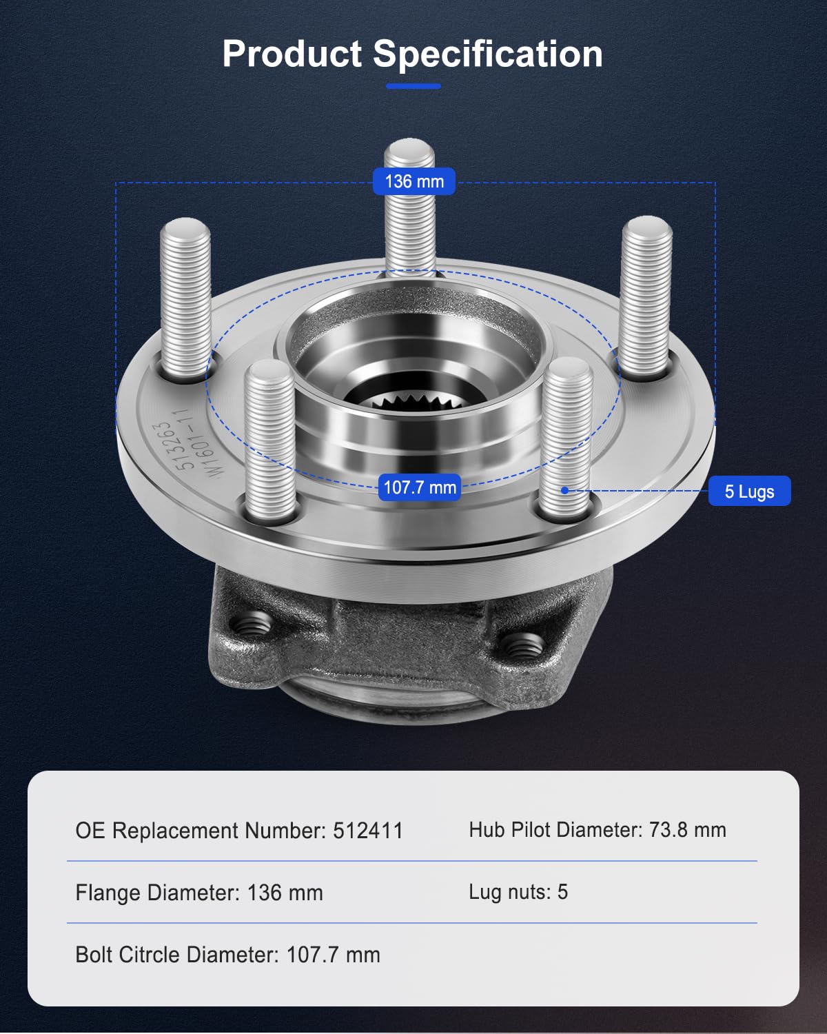 ECCPP Replacement For Wheel Bearing and Hub Assembly For C30 2006-2012/S40/V50 2005-2011 Wheel Hubs 5 Lugs W/ABS 512411x2