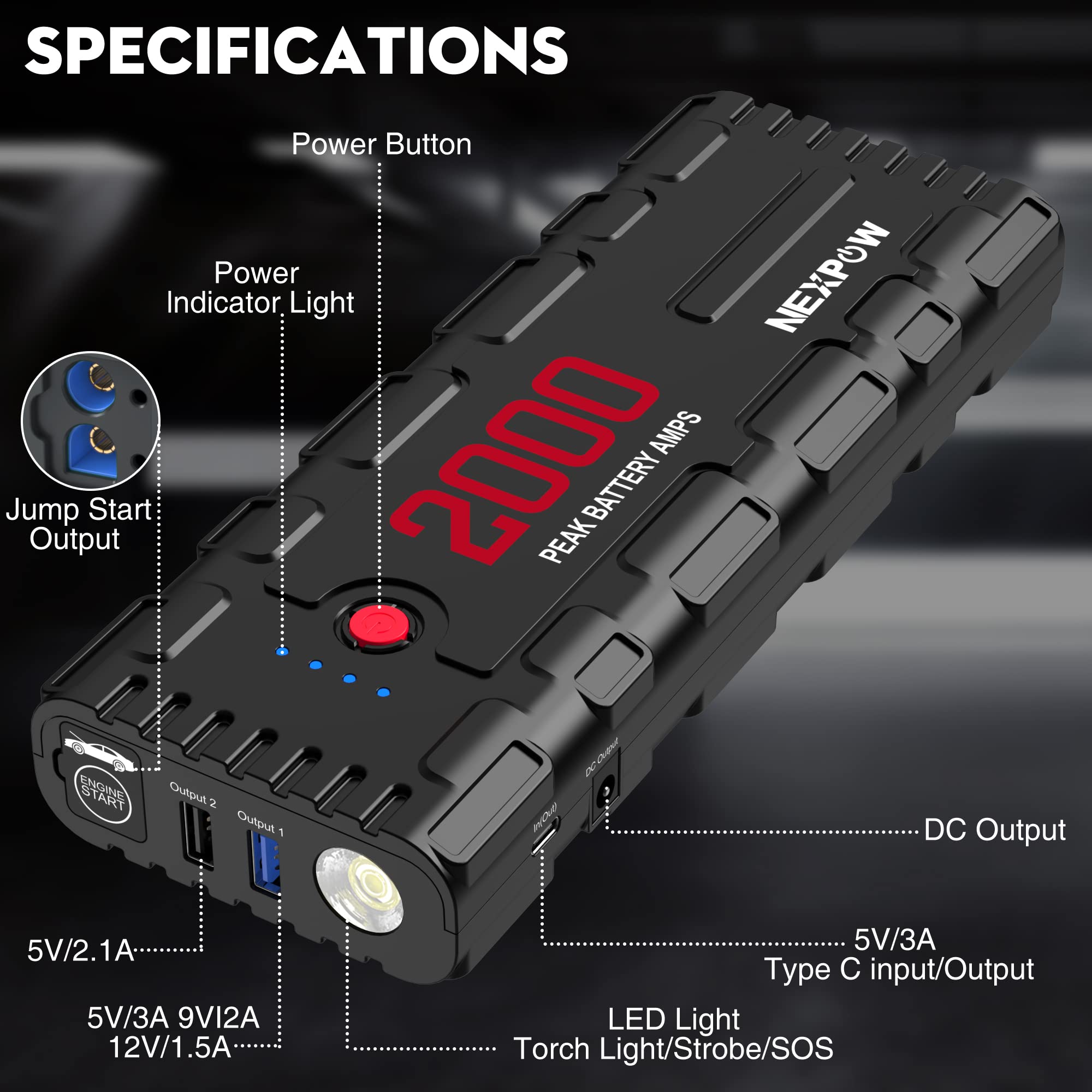 Nexpow Car Jump Starter, 2000A Peak 12V Portable Car Battery Starter, Auto Battery Booster, Lithium Jump Box With Led Light/Usb Quick Charge 3.0