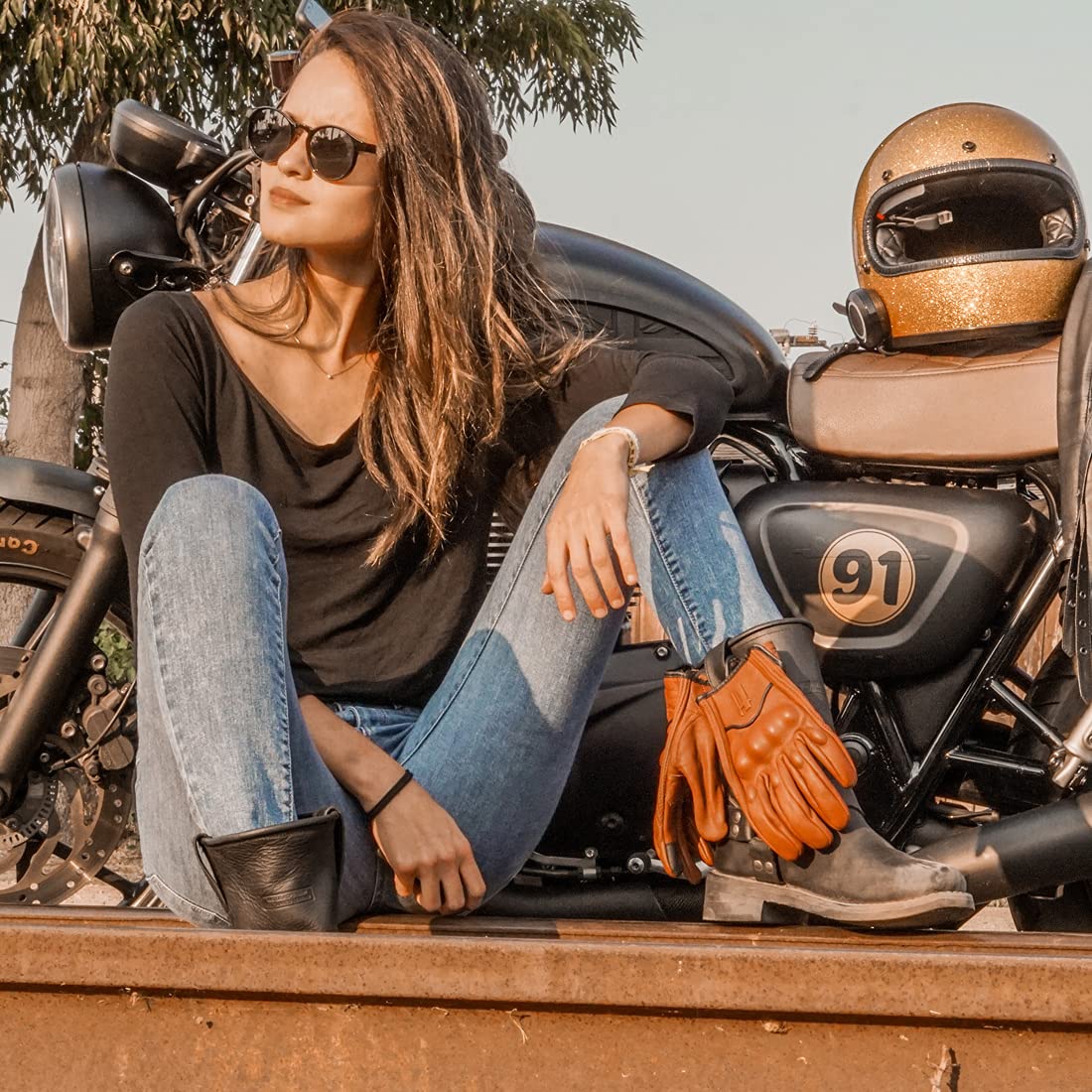 Harssidanzar Leather Motorcycle Gloves,Womens Motorcycle Gloves Riding Gloves Driving Glove For Women, Motorbike Gloves,Powersports Gloves Touchscreen Gl016,Saddle,Size L