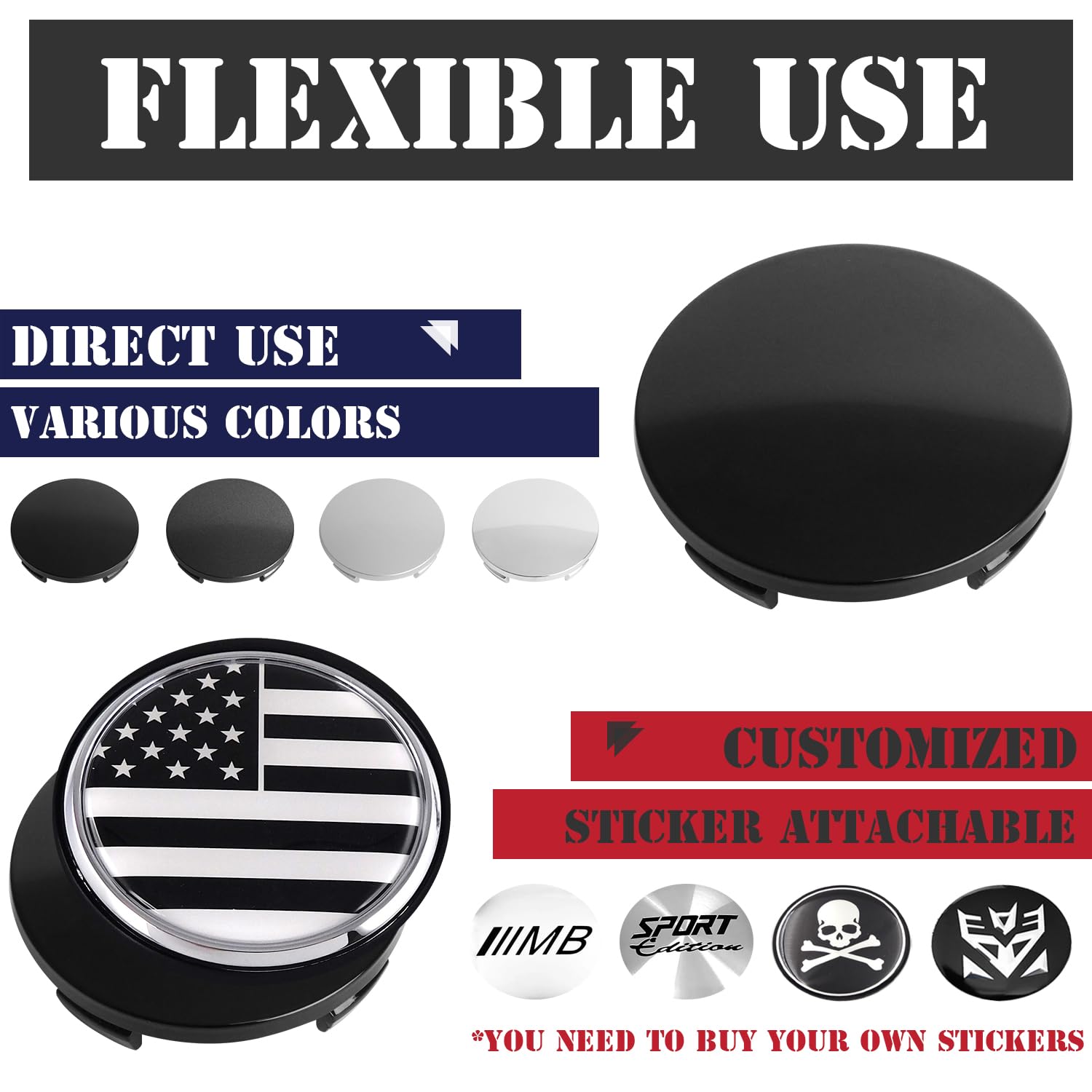 Kitspro 2.4Inch 60Mm Wheel Center Caps, Pack Of 4 (Gloss Black, Outer 60Mm, Inner 56Mm)