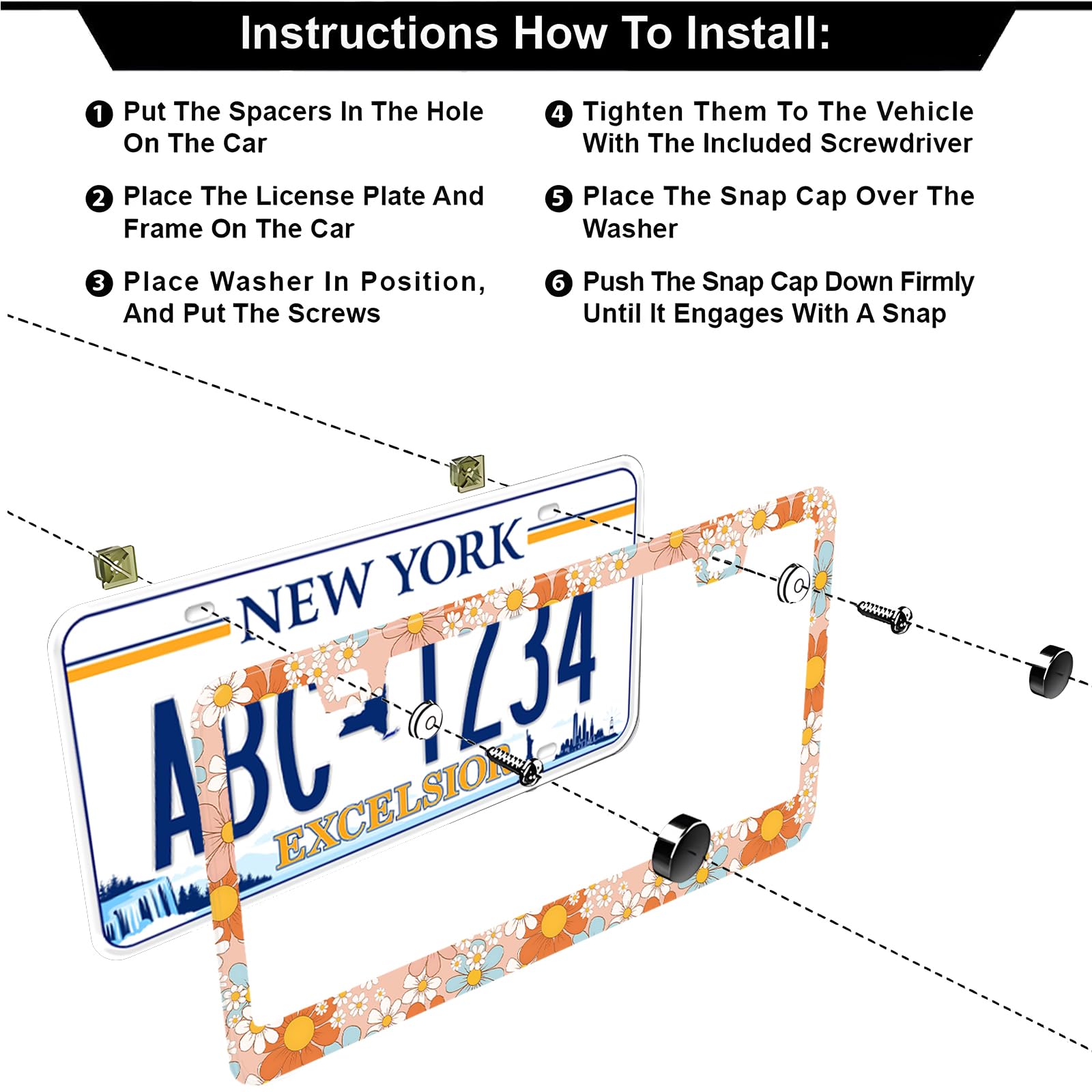 Retro Floral Daisy License Plate Frames Pink, 2 Pack Colorful Flowers Car Plate Frame, Stainless Steel License Plate Holders Cov